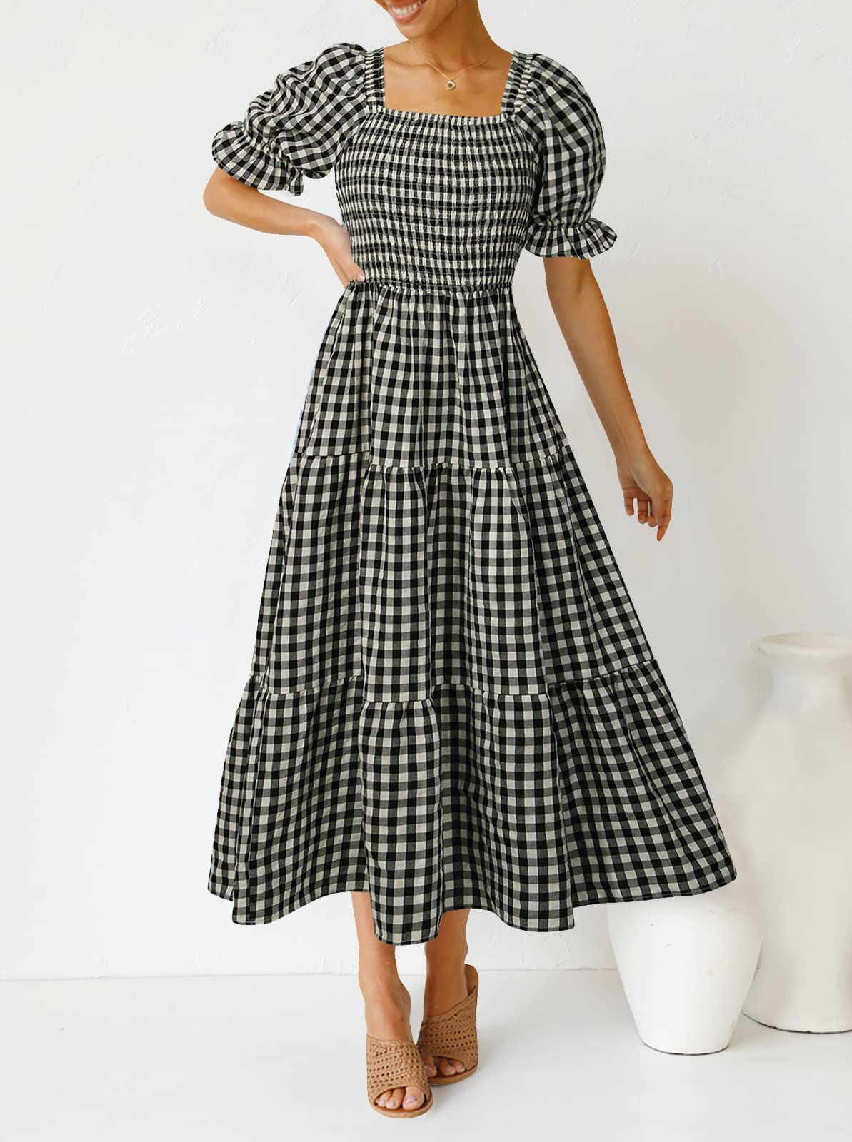 ZESICA Women's 2025 Bohemian Summer Plaid Square Neck Puff Sleeve Ruffle Flowy Beach Midi Dress