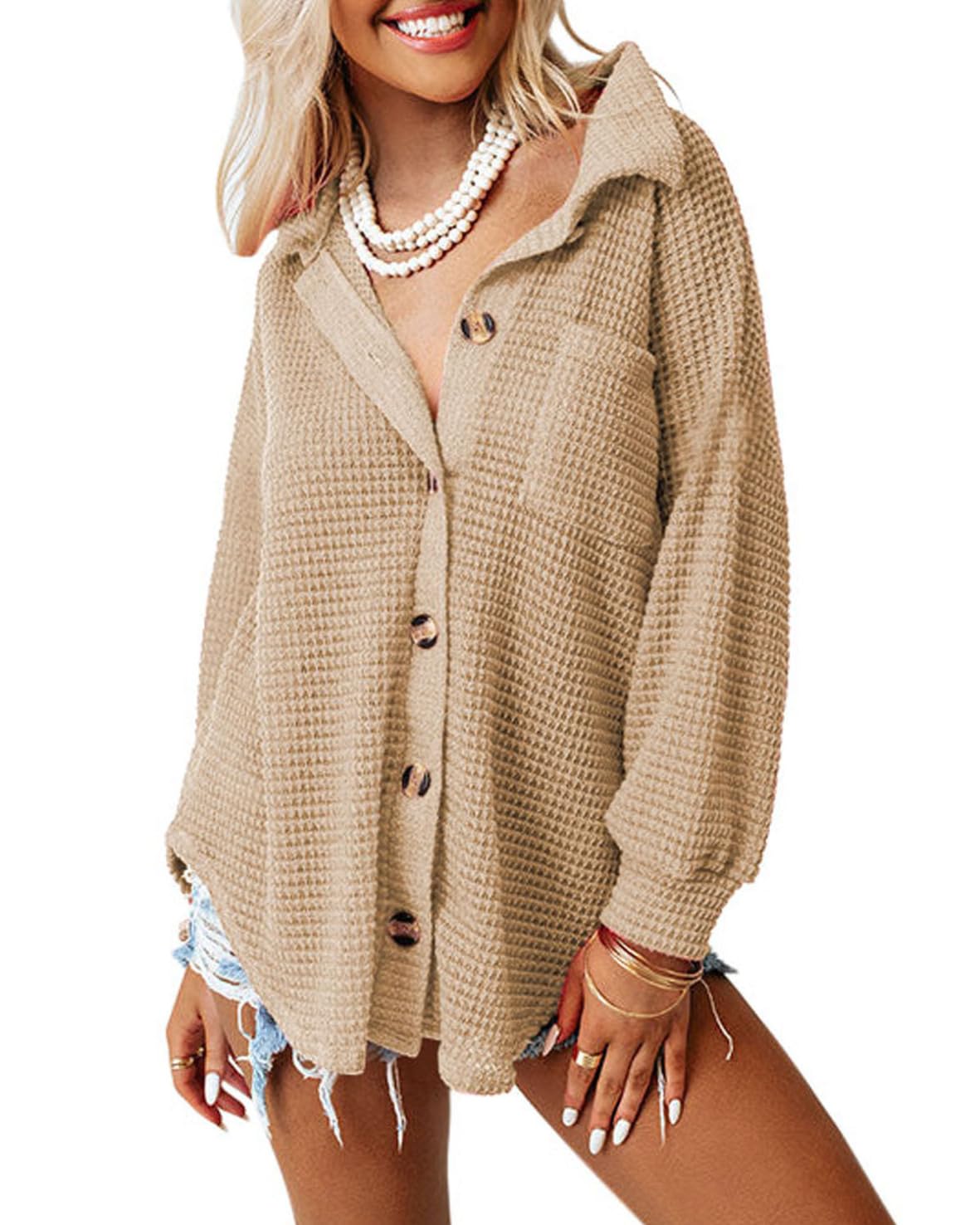 Dokotoo Womens Waffle Knit Shacket Jacket Casual Long Sleeve Button Down Shirts Dressy Blouses Tops
