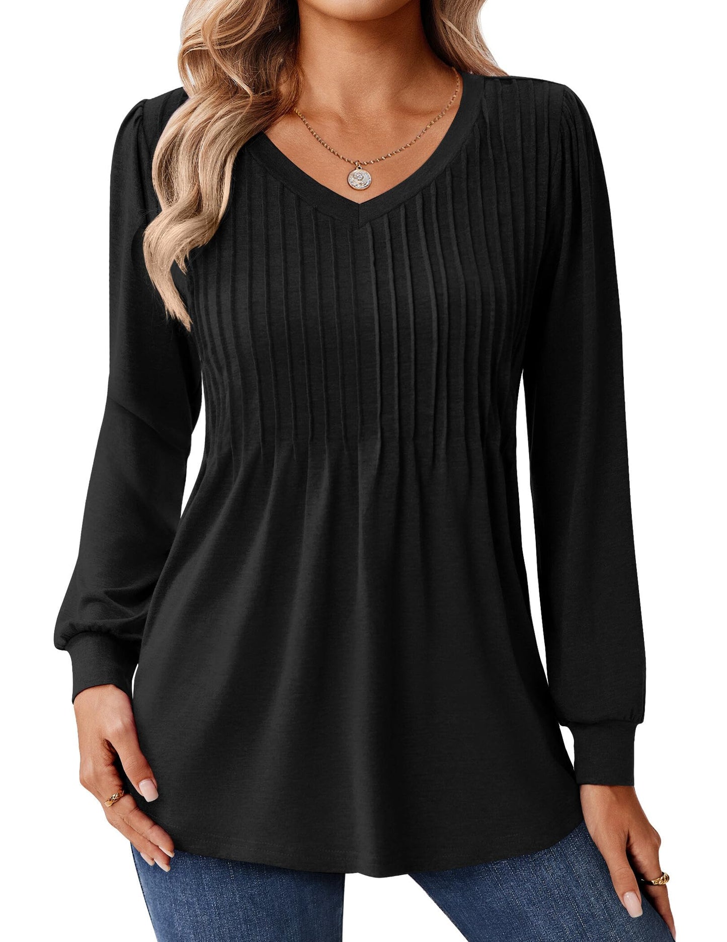 Zeagoo Long Sleeve Shirts for Women Casual V Neck Top Pleated Floral Boho Blouses 2025 Fall Tunics