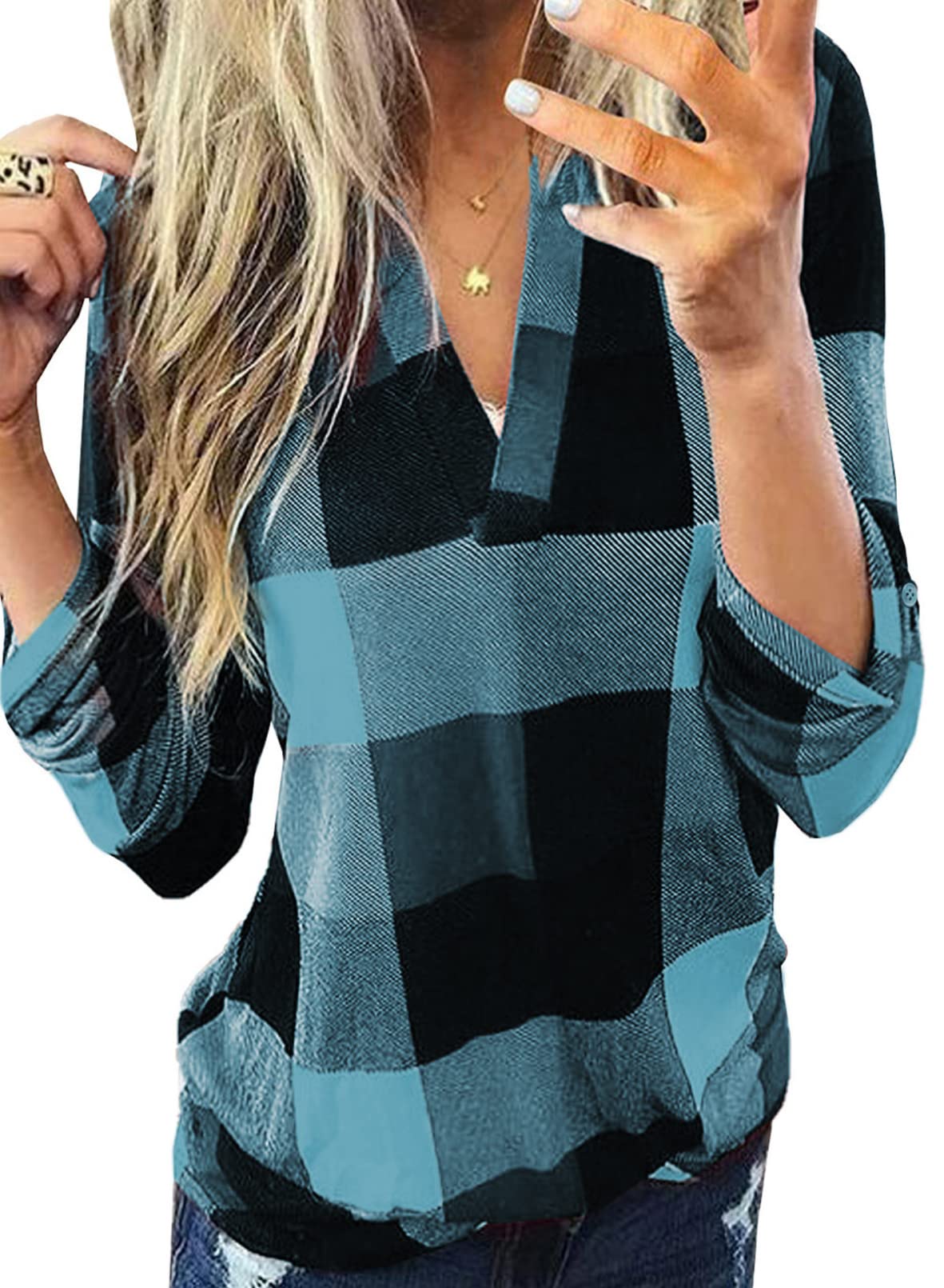 Dokotoo Womens Basic Casual V Neck Plaid Print Cuffed Long Sleeve Work Tops Blouses Shirts S-3XL