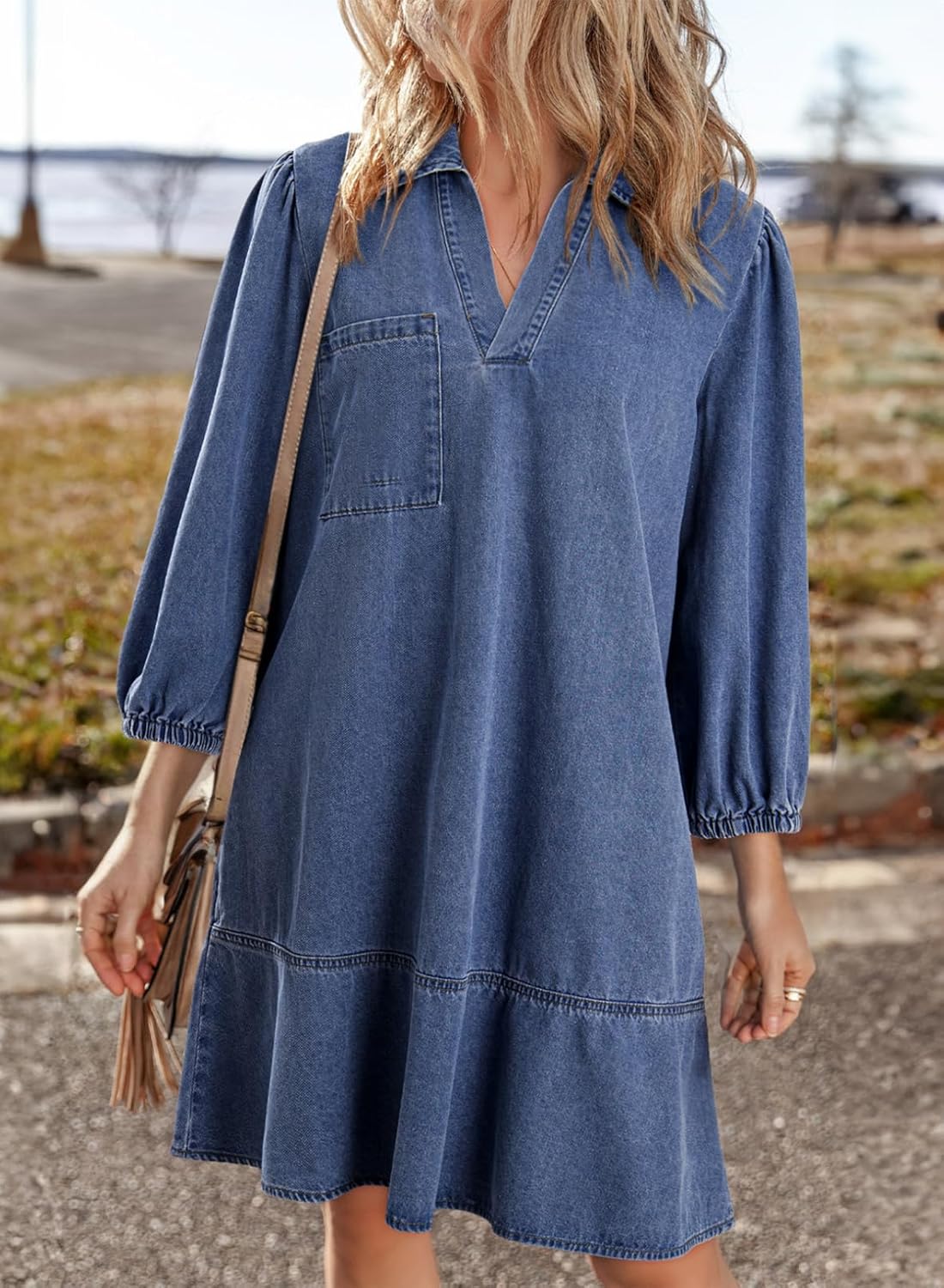 Dokotoo Denim Dress for Women Fashion Fall Casual Babydoll 2025 V Neck 3/4 Puff Sleeve Jean Dresses