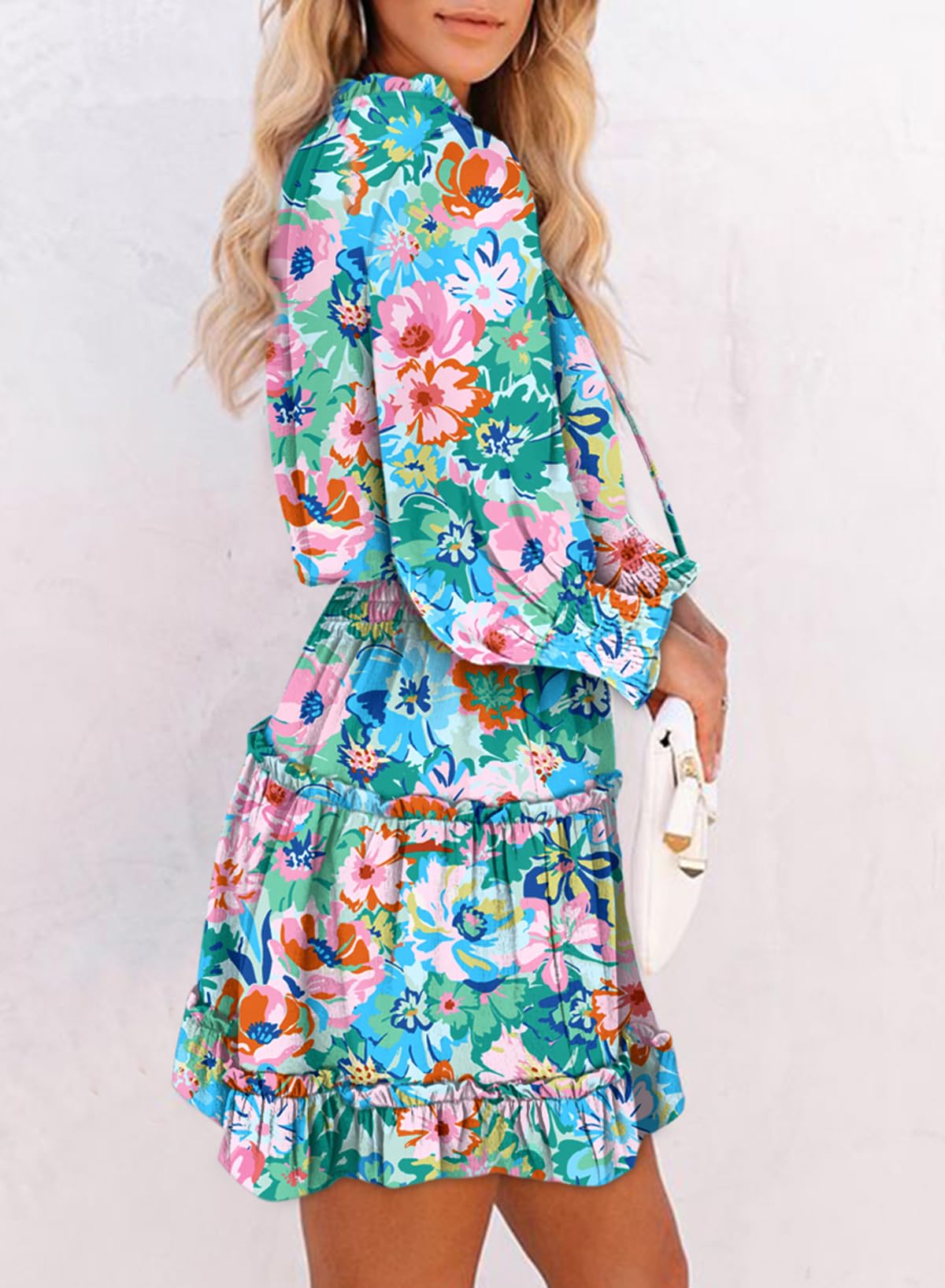 Dokotoo Fall Dresses for Women 2025 Boho Floral Drawstring V Neck Smocked Long Sleeve Ruffle Tiered Chiffon Mini Dress
