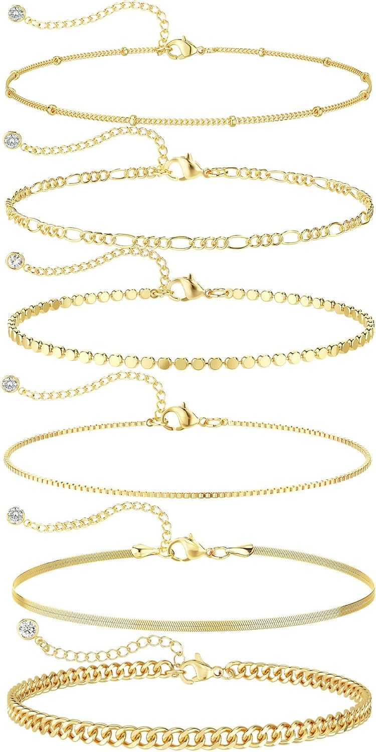 DEARMAY Waterproof Gold Bracelets Set for Women Trendy, Dainty 14K Real Gold Plated Jewelry Fashion Stackable Tennis Beaded Figaro Herringbone Paperclip Link Bracelet Pack Stack Gifts for Women