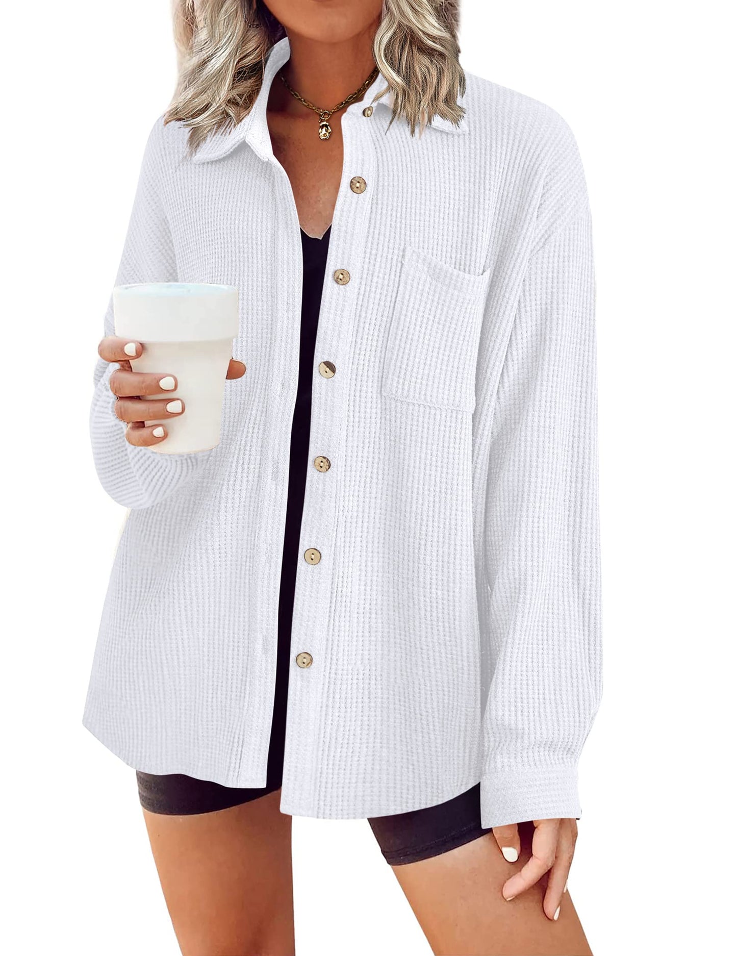 HOTOUCH Waffle Button Down Shirts for Women Dressy Casual Work Shacket V Neck Long Sleeve Lightweight Tops with Pocket