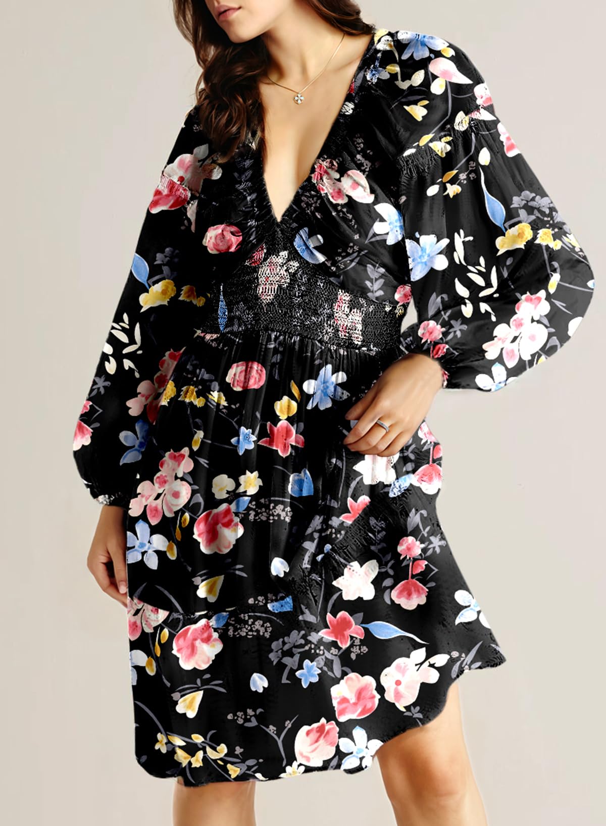 Dokotoo Fall Dresses for Women 2025 Boho Floral V Neck Long Sleeve Smocked Elastic Waist Casual A-Line Mini Dress Sundress