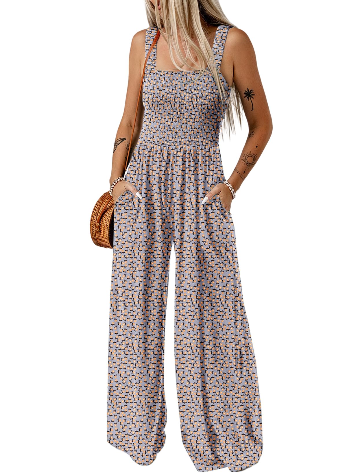 Dokotoo Women's Casual Loose Overalls Jumpsuits One Piece Sleeveless Printed Wide Leg Long Pant Rompers With Pockets