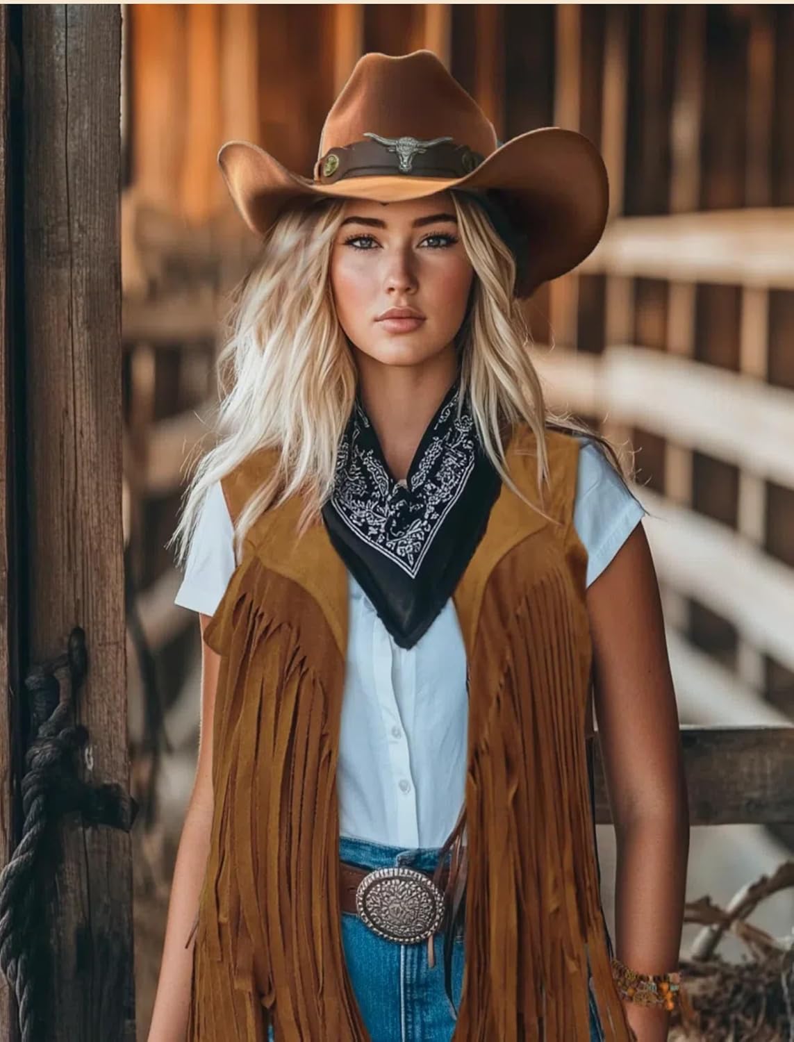6 PC Cowgirl Western Outfits for Women Retro Cowgirl Costumes Fringe Vest Cow Girl Hat for Women Country 70s Hippie Outits
