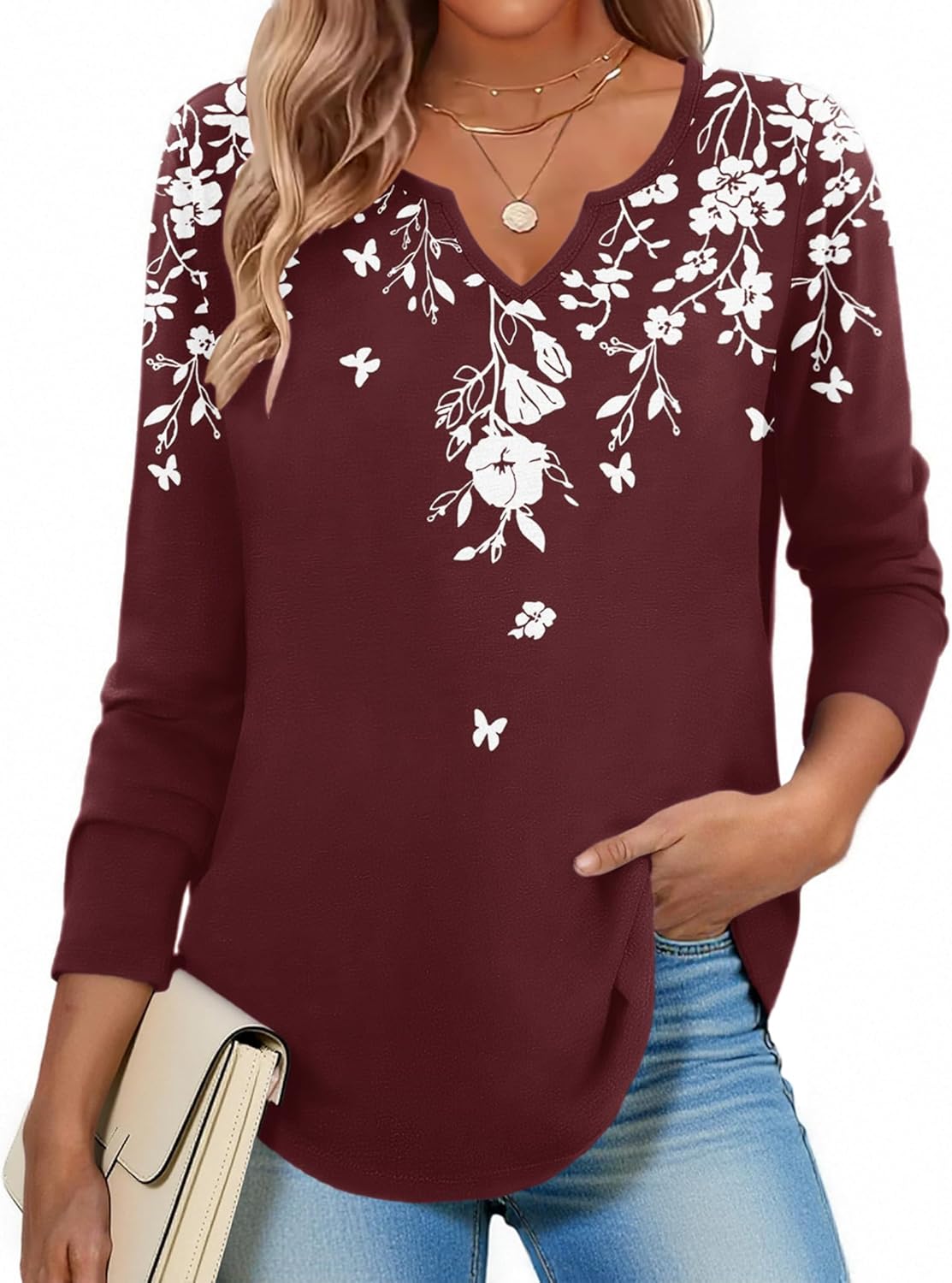 Zeagoo Boho Tops for Women Long Sleeve V Neck Fall Shirt Casual Dressy Blouse Tunic Business Work Clothes School Outfits