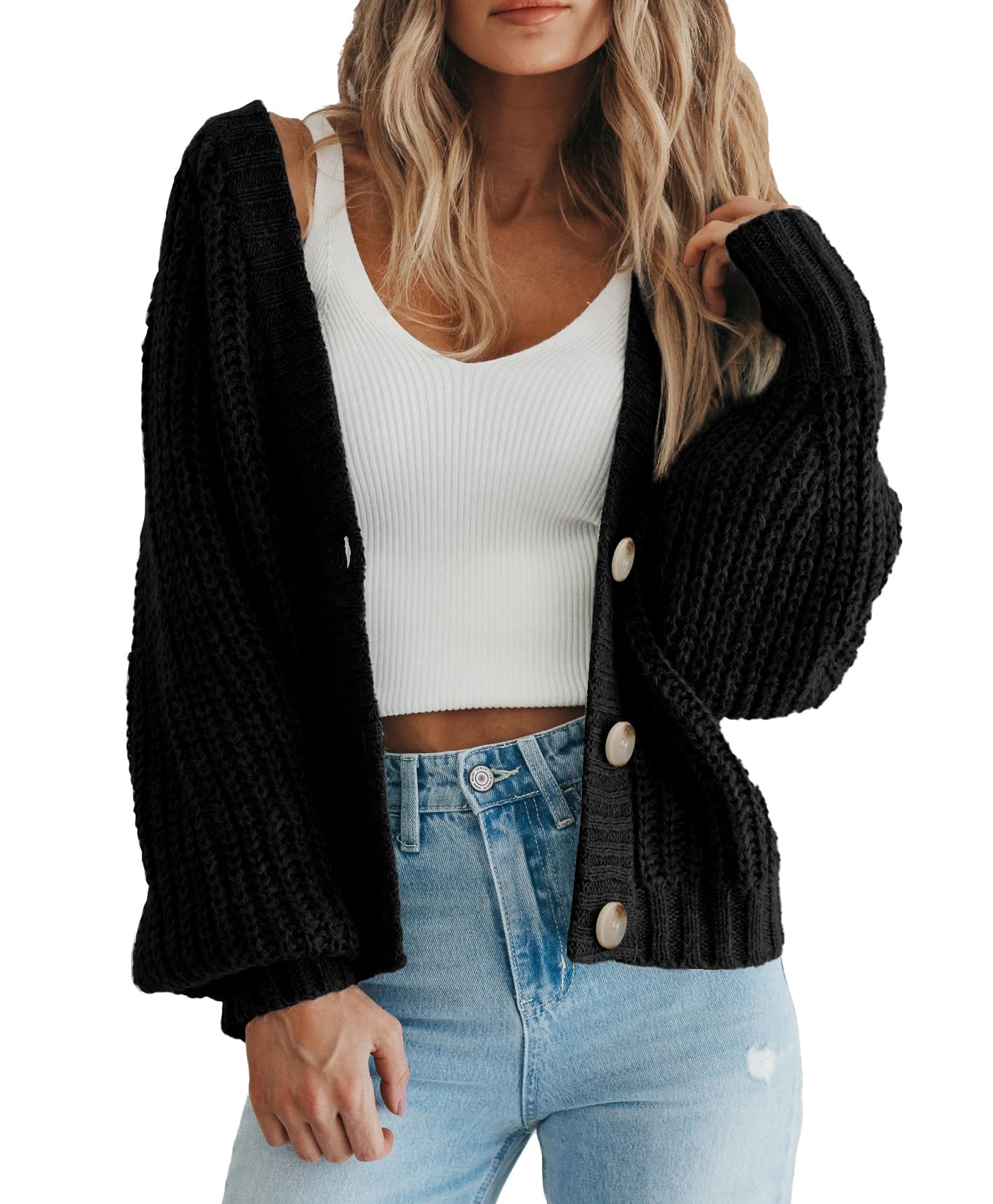 PRETTYGARDEN Women's Chunky Knit Open Front Sweater Long Sleeve Button Loose Short Cardigan Outerwear Coats