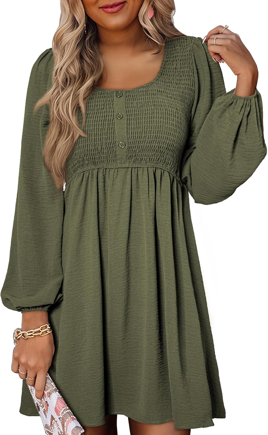 Dokotoo Womens 2025 Casual Dresses Smocked Crewneck Button Up Long Sleeve Empire Waist A-Line Mini Dress