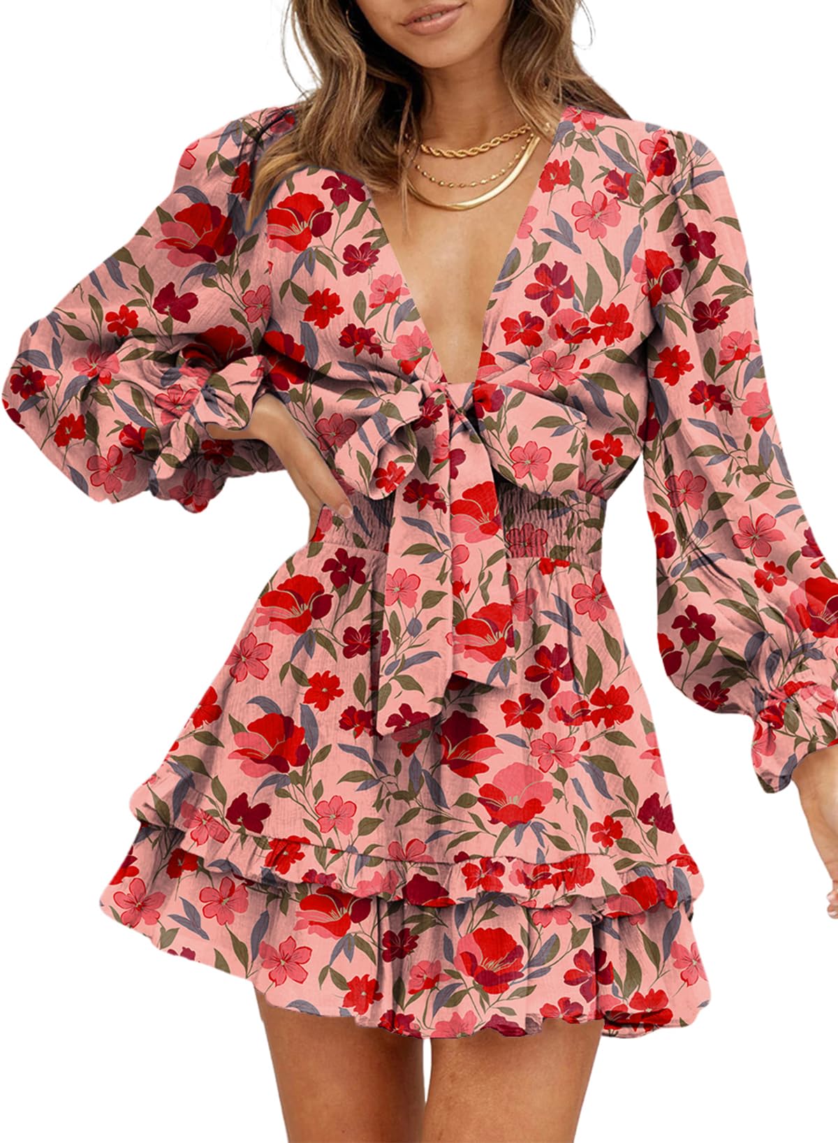 Dokotoo Womens Casual Spring Fall 2025 Deep V Neck Knotted Tiered Chiffon Elegant Mini Short Swing Skater Dresses