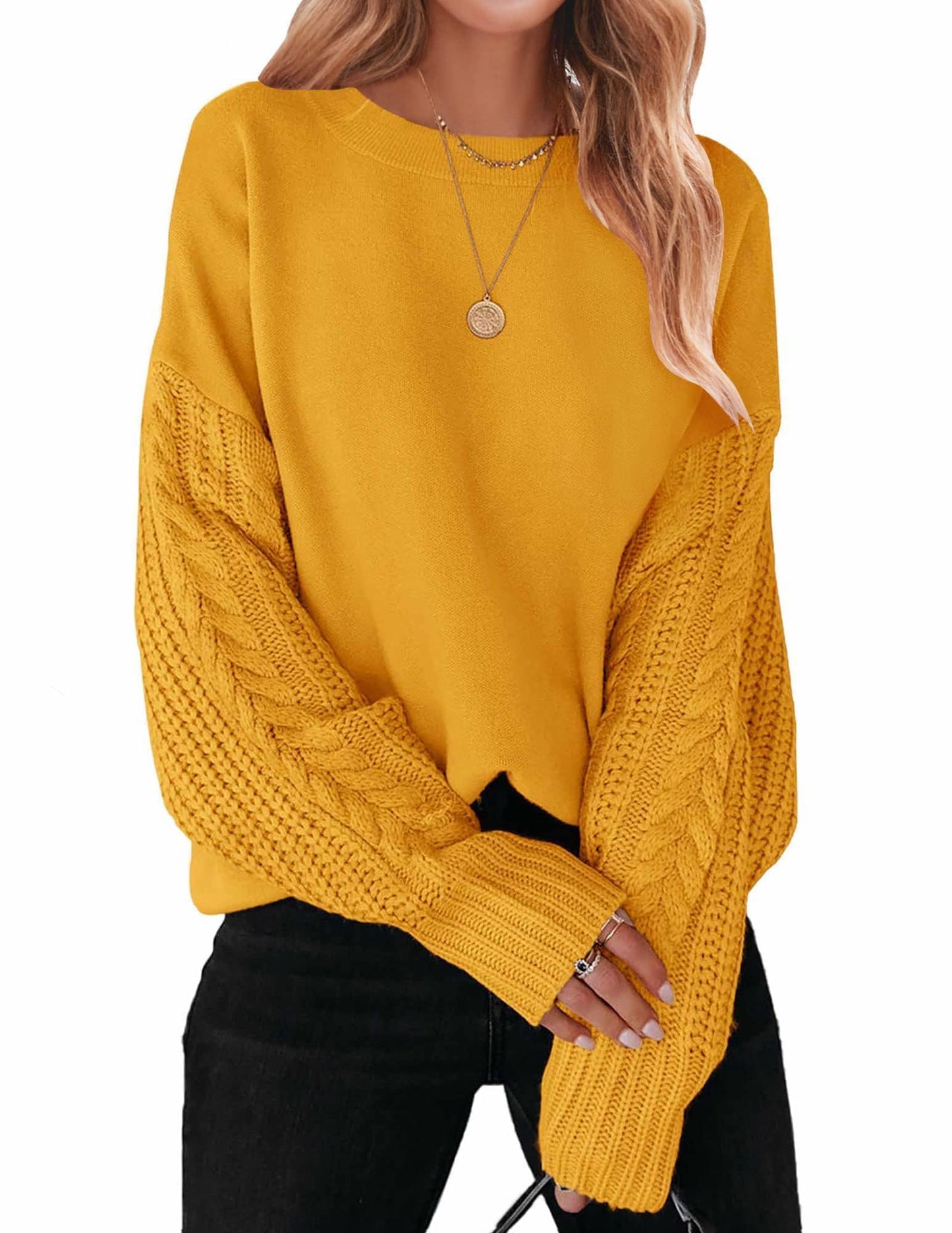 ZESICA Women's Fall Long Sleeve Crew Neck Solid Color Cable Knit Chunky Casual Oversized Pullover Sweater Tops