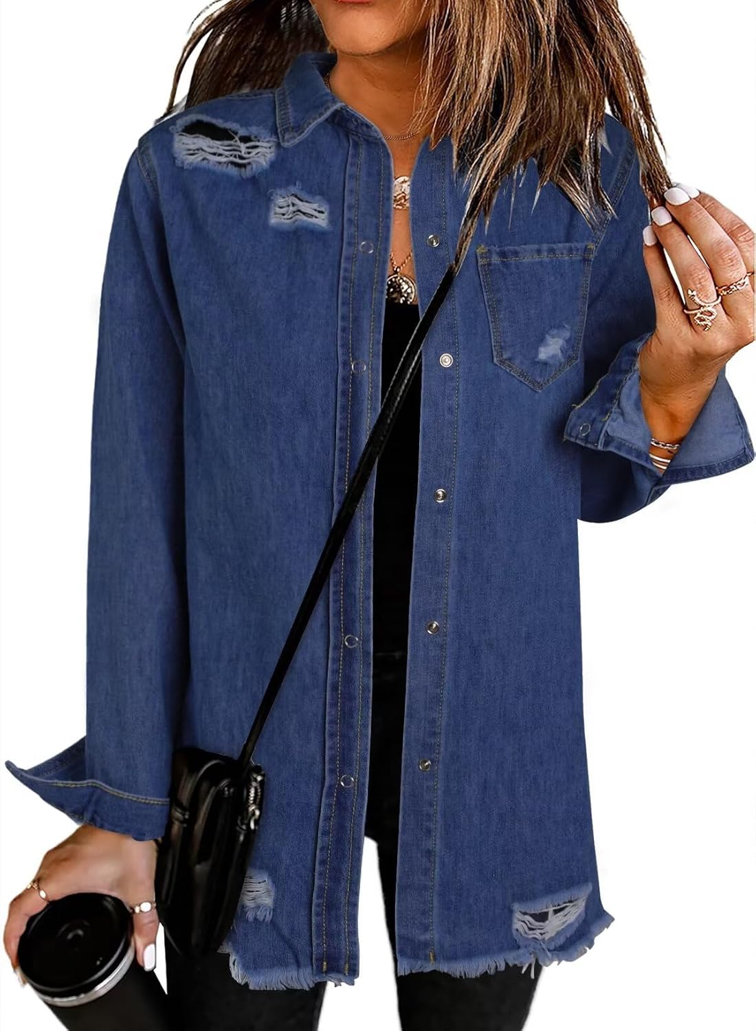 Dokotoo Women's Oversized Denim Jacket Casual Long Sleeve Denim Shirts Distresse Jean Jacket Fall Outfits 2025