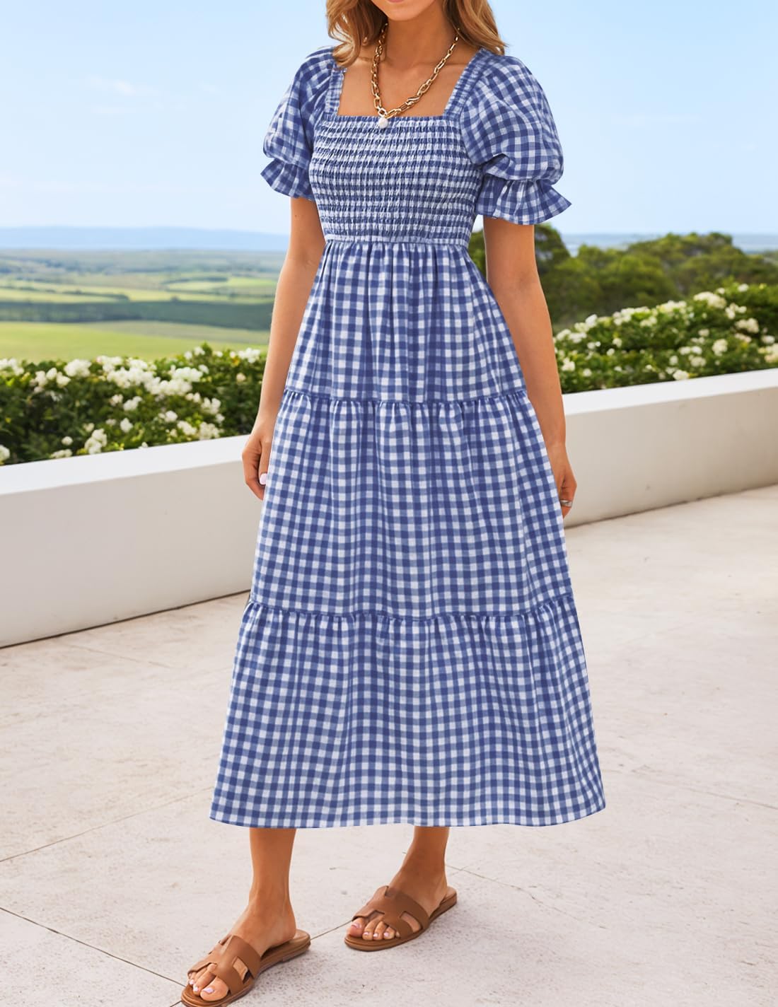 ZESICA Women's 2025 Bohemian Summer Plaid Square Neck Puff Sleeve Ruffle Flowy Beach Midi Dress