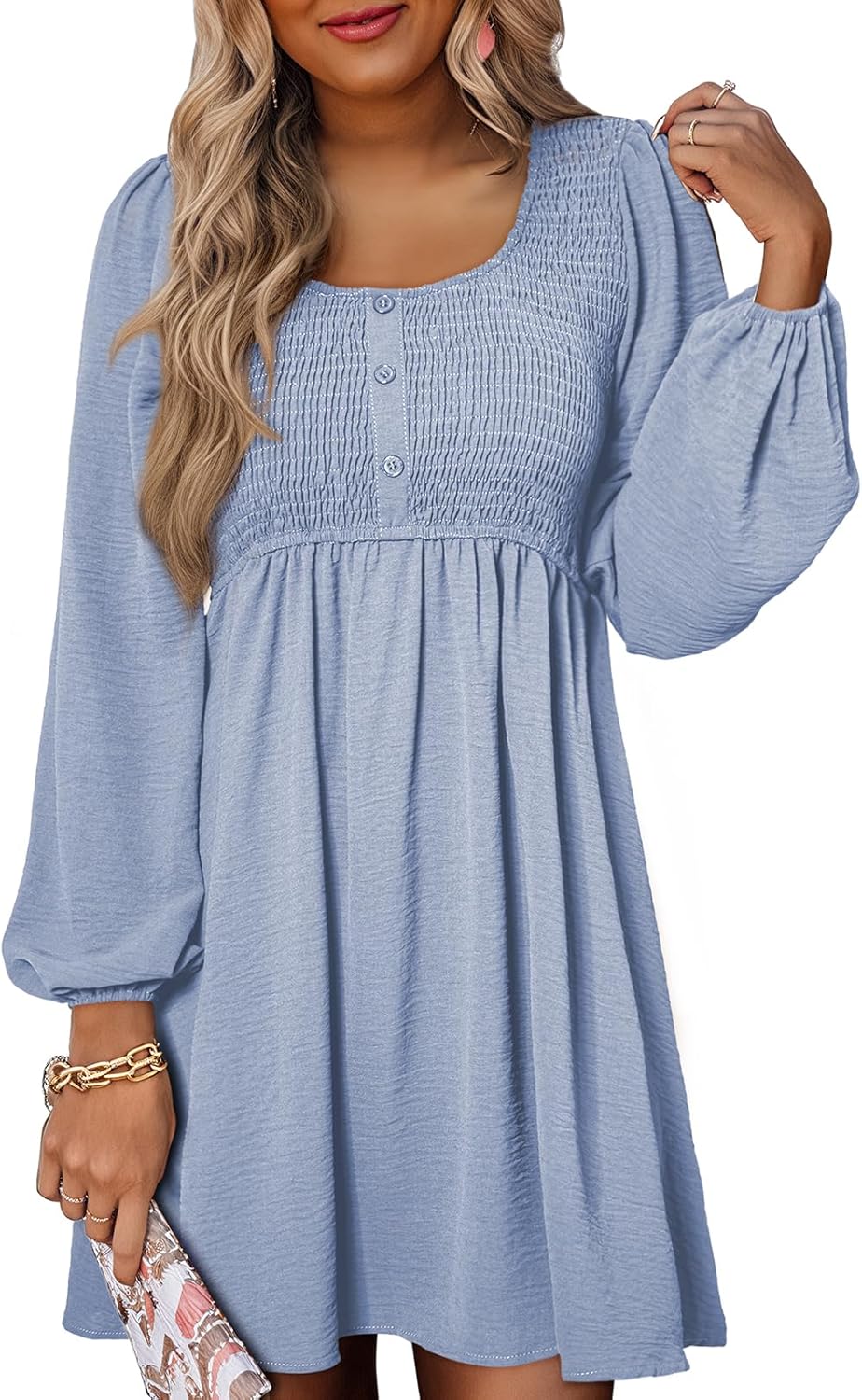 Dokotoo Womens 2025 Casual Dresses Smocked Crewneck Button Up Long Sleeve Empire Waist A-Line Mini Dress