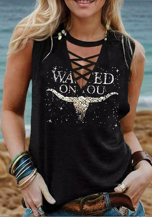 Wasted On You Steer Skull Criss-Cross Hollow Out Tank Tops Women Western Cowboy Rodeo Shirt Tops Country Music Tank Tops