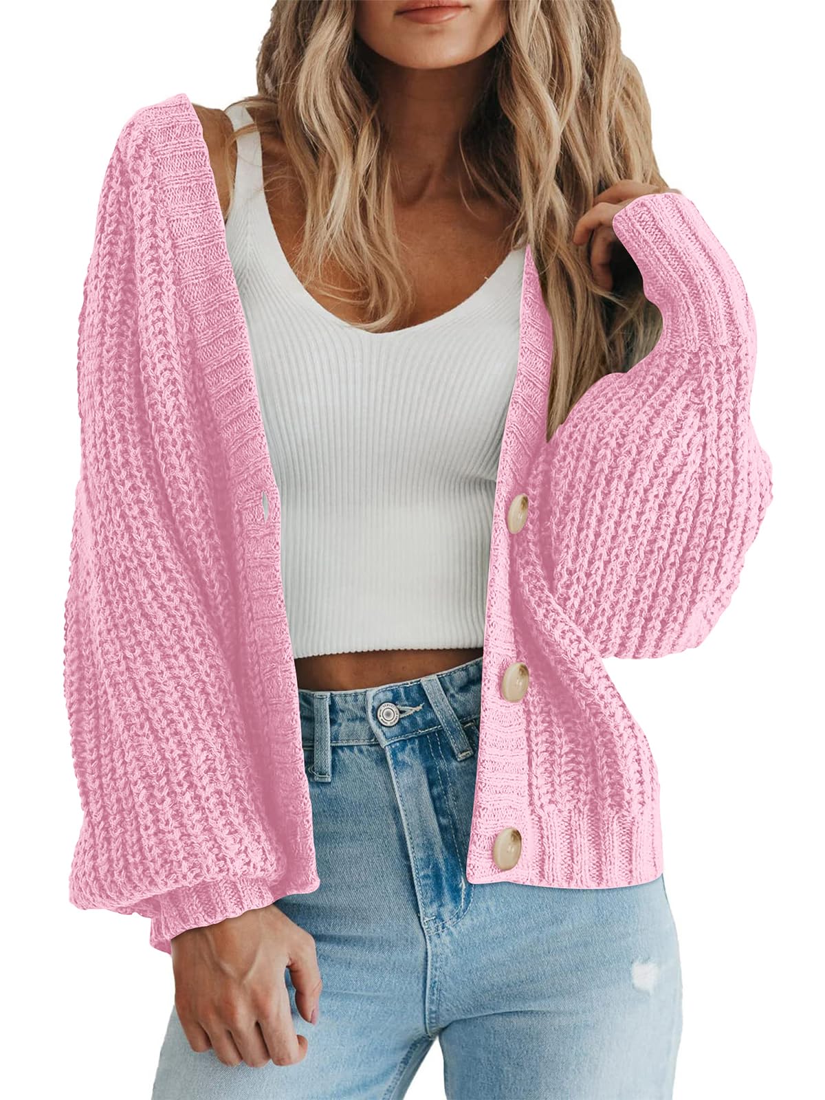 PRETTYGARDEN Women's Chunky Knit Open Front Sweater Long Sleeve Button Loose Short Cardigan Outerwear Coats