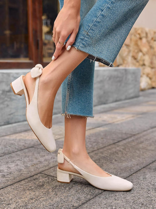 Coutgo Womens Chunky Low Heels Bow Slingback Pumps Closed Square Toe Wedding Party Dress Shoes