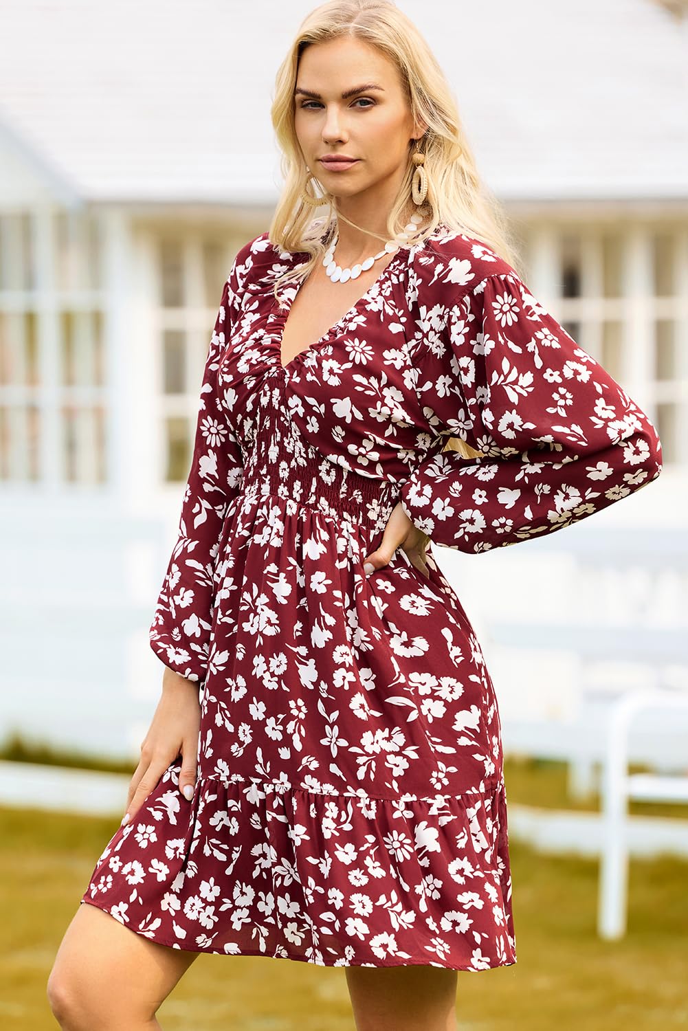 Dokotoo Fall Dresses for Women 2025 Boho Floral V Neck Long Sleeve Smocked Elastic Waist Casual A-Line Mini Dress Sundress