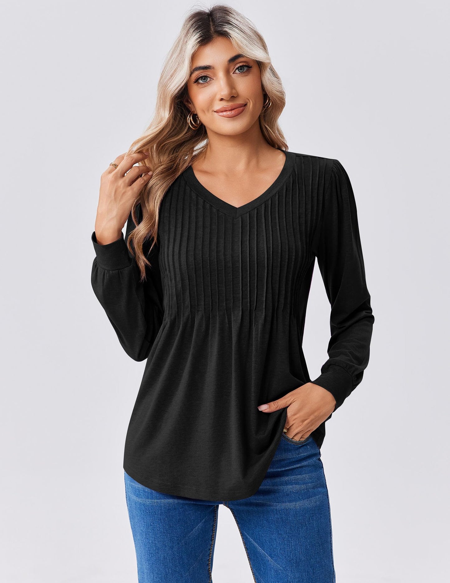 Zeagoo Long Sleeve Shirts for Women Casual V Neck Top Pleated Floral Boho Blouses 2025 Fall Tunics
