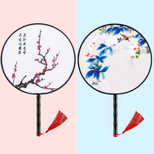 Waline 2 Pack Chinese Round Fan - Ancient Hand Fan With Translucent Silk, Pink Blue Traditional Palace Paddle Design, Vintage Double-Sided Pattern For Wedding Favor, Home Decor