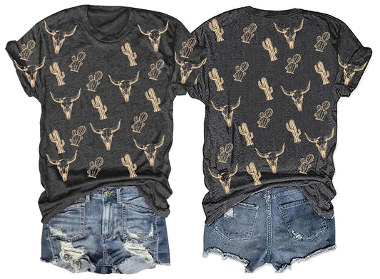 Retro Steer Skull Western T-Shirt Women Vintage Country Music Shirt Cute Cowgirl Graphic Cowboy Tees Tops