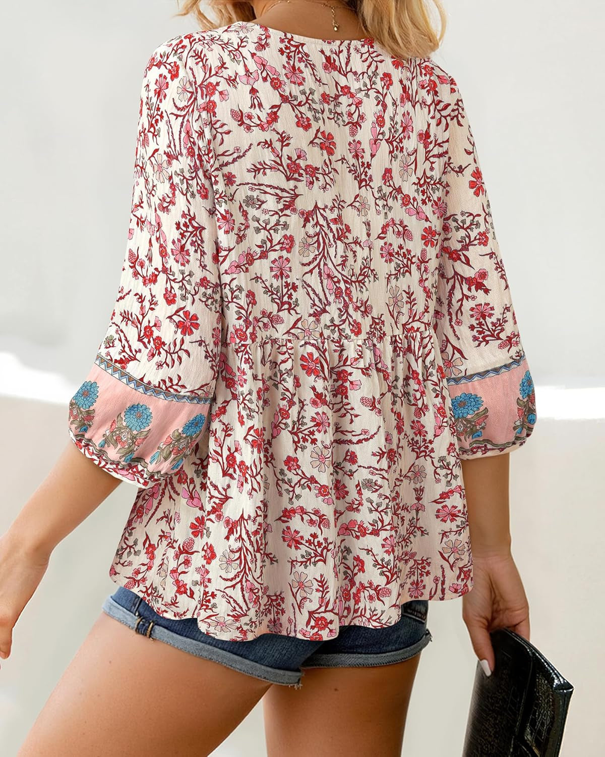 Womens Summer Boho Babydoll Tops 3/4 Sleeve Pleated Peplum Blouses Casual V Neck Tie Front Fall Top