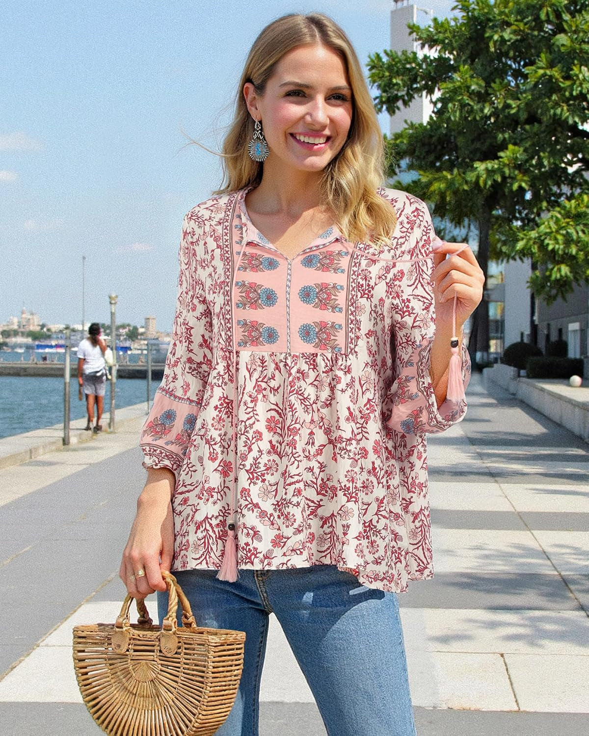Womens Summer Boho Babydoll Tops 3/4 Sleeve Pleated Peplum Blouses Casual V Neck Tie Front Fall Top