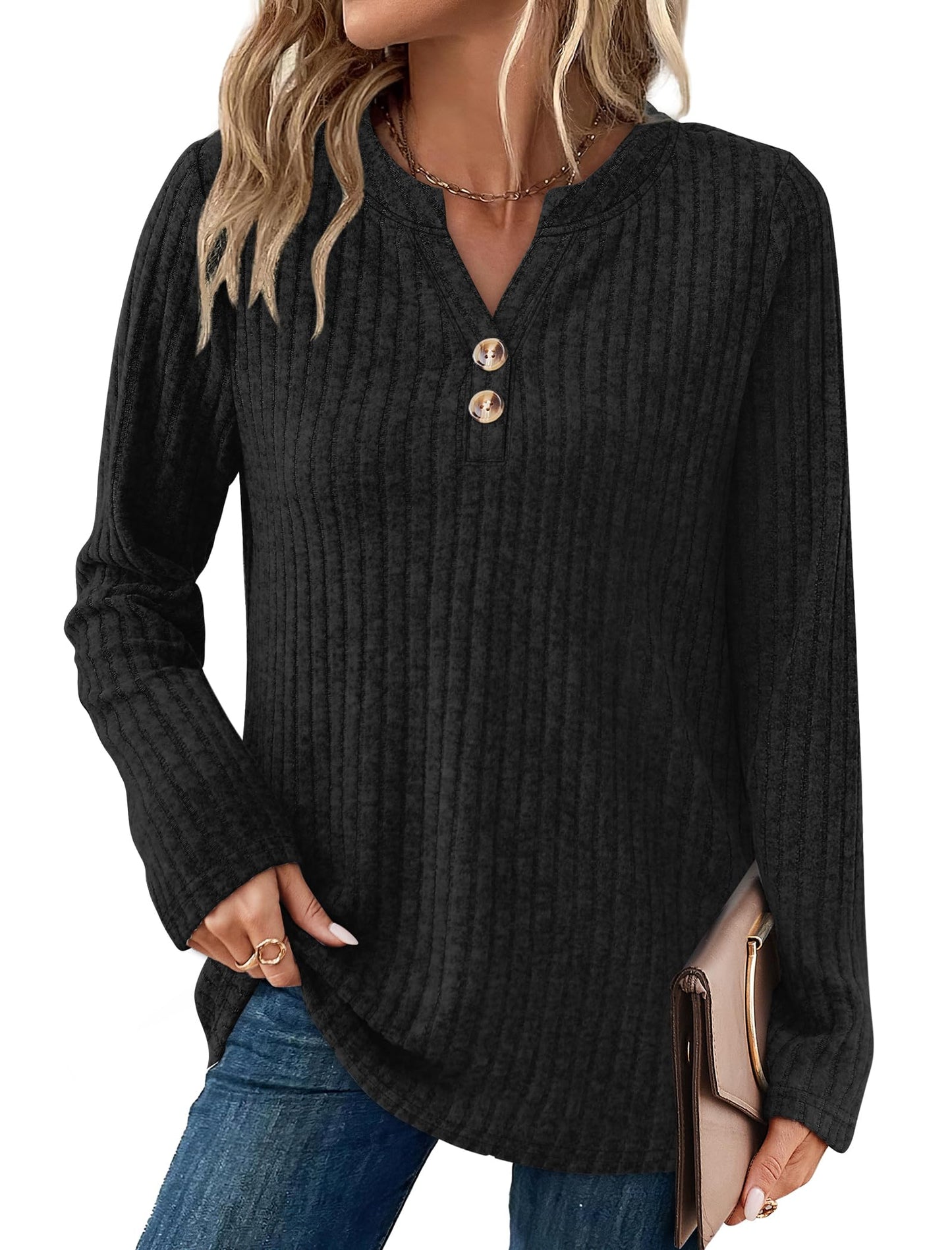 SAMPEEL Womens Sweaters Lightweight Long Sleeve Shirts V Neck Tops with Button Fall Outfits 2025