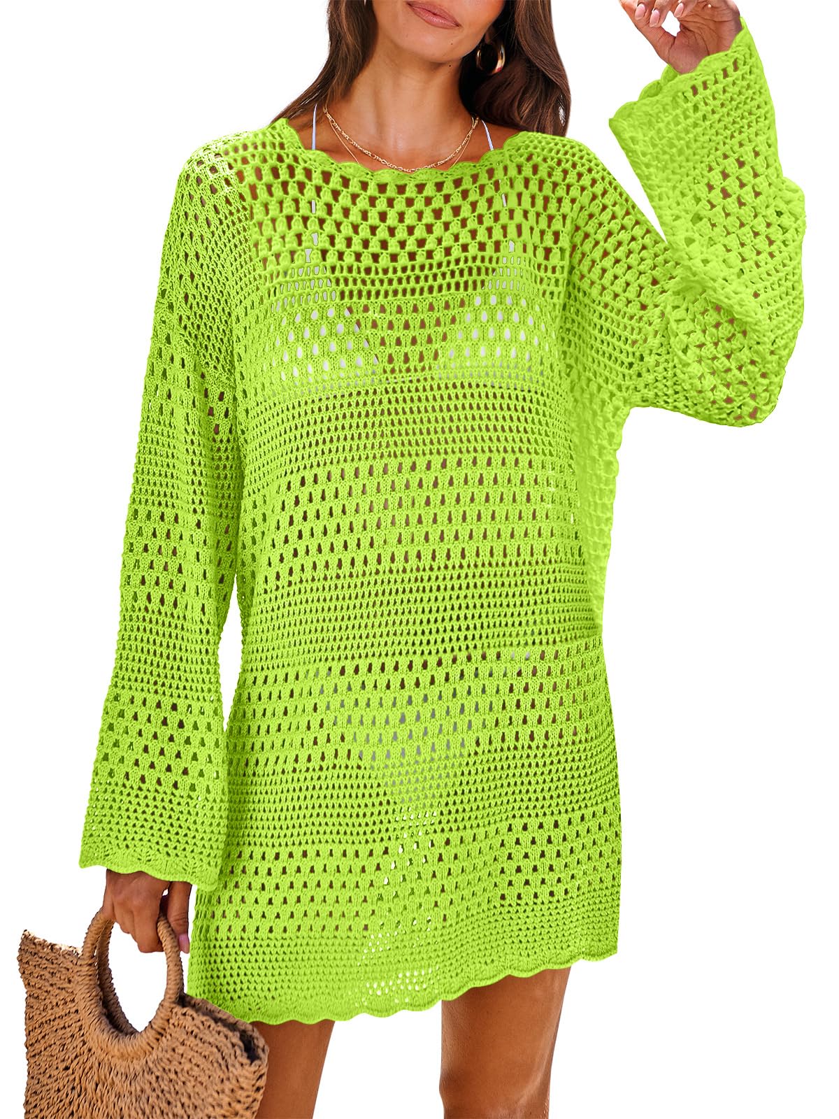 ANRABESS Women Swimsuit Crochet Swim Cover Up 2025 Summer Bathing Suit Swimwear Mesh Knit Beach Dress Vacation Outfits