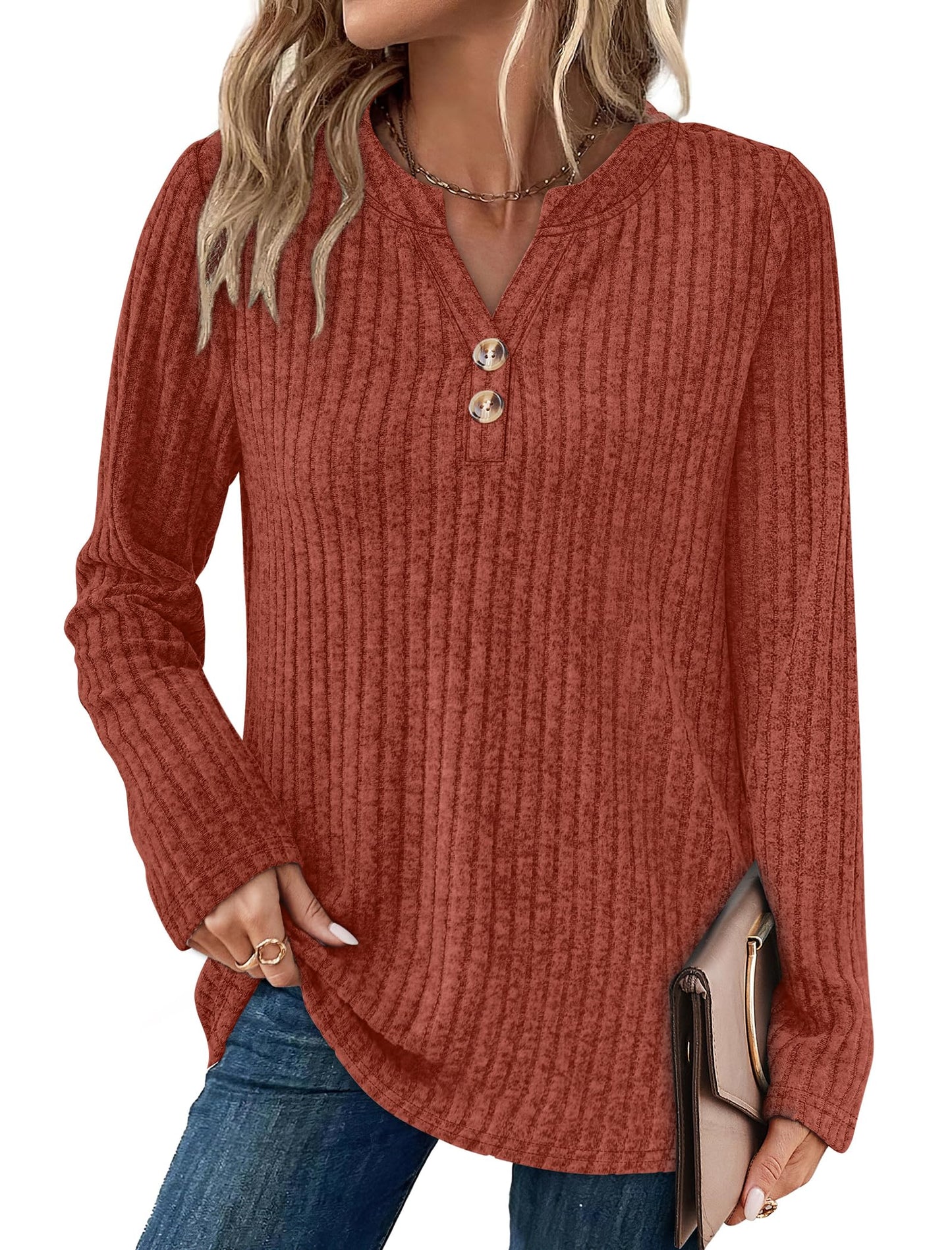 SAMPEEL Womens Sweaters Lightweight Long Sleeve Shirts V Neck Tops with Button Fall Outfits 2025