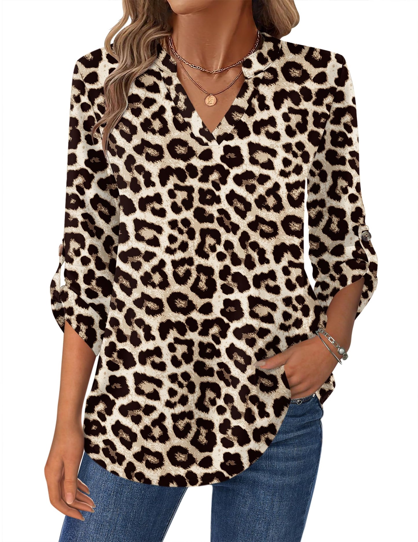Zeagoo Womens Roll Up Long Sleeve Tops V Neck Shirts Dressy Casual Work Blouses S-2XL