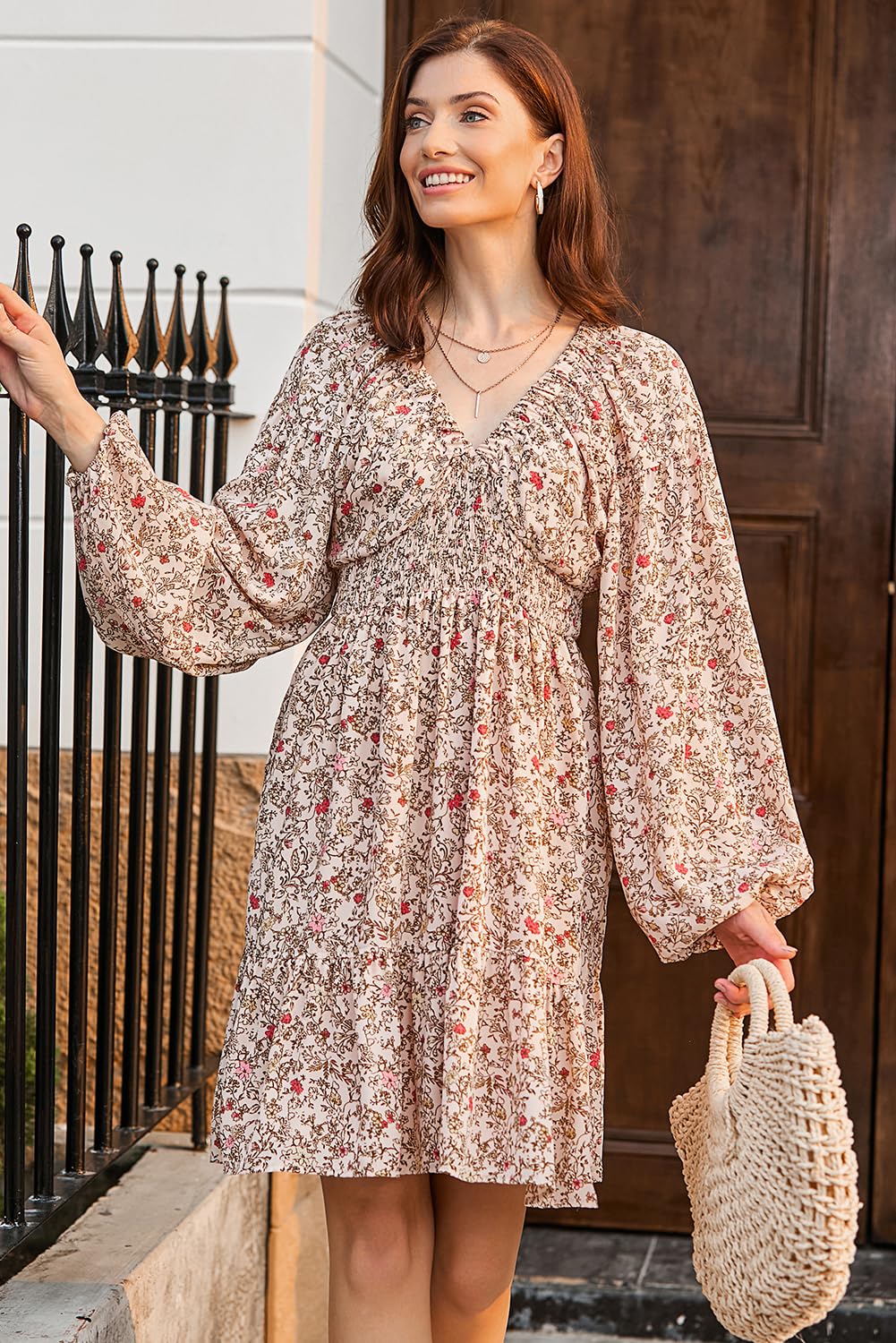 Dokotoo Fall Dresses for Women 2025 Boho Floral V Neck Long Sleeve Smocked Elastic Waist Casual A-Line Mini Dress Sundress