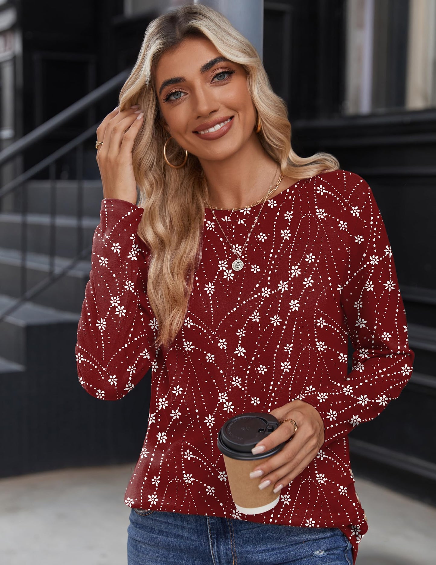Zeagoo Womens Tops 2025 Long Sleeve Shirts for Fall Round Neck Blouses Floral Tunic Tops with Buttons Decor