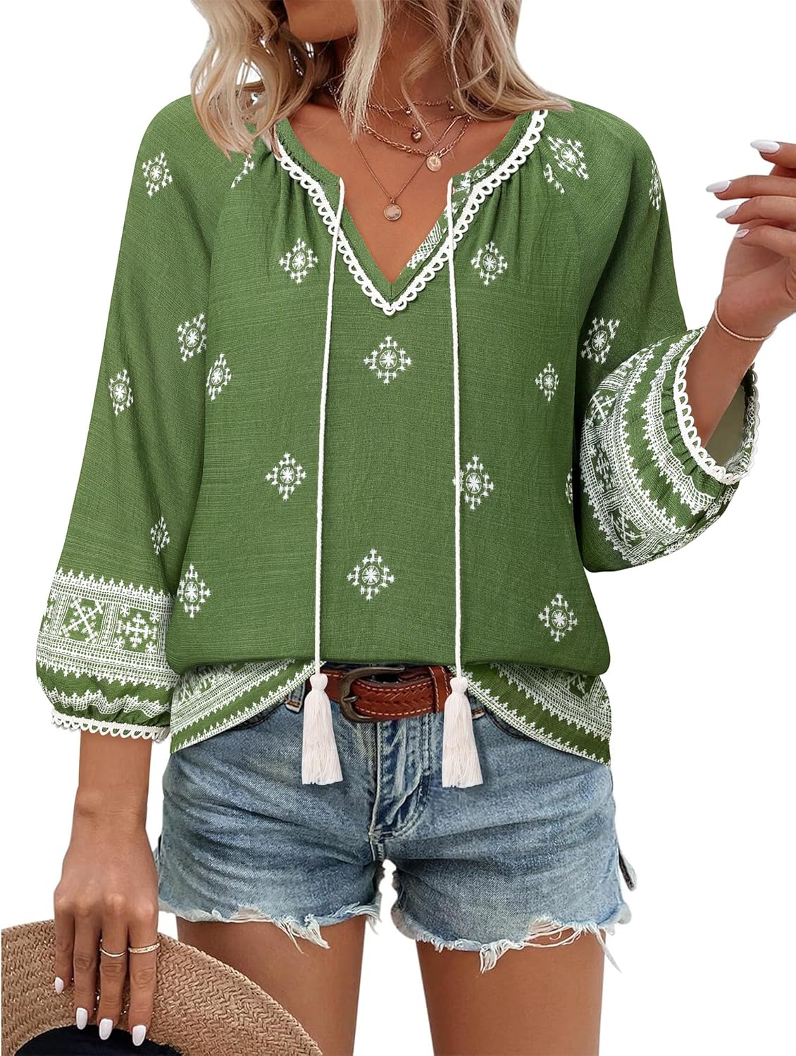 Vivilli Womens Boho Tops Casual V Neck 3/4 Sleeve Blouses Floral Print Shirt Tie Front Flowy Vacation Clothes