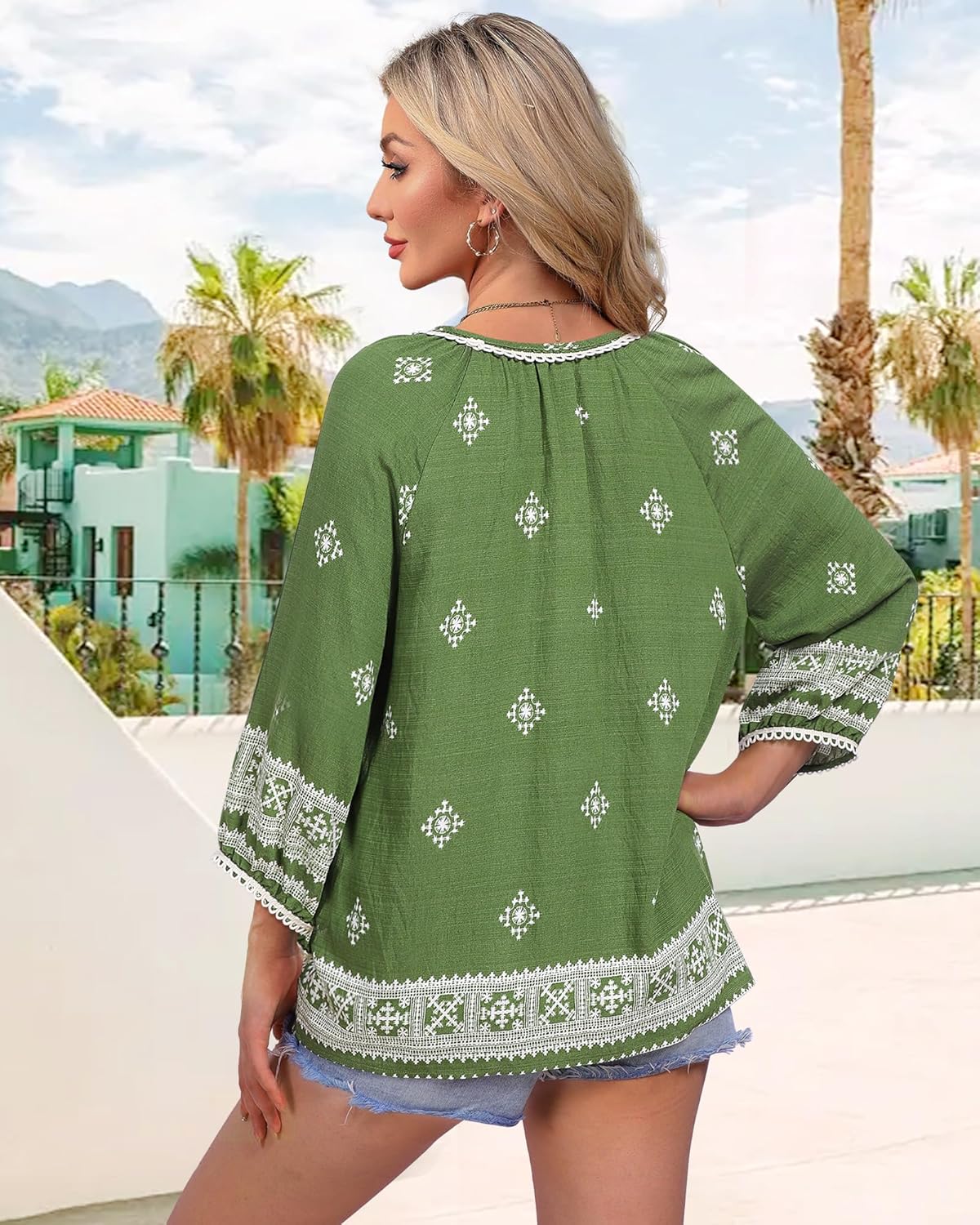 Vivilli Womens Boho Tops Casual V Neck 3/4 Sleeve Blouses Floral Print Shirt Tie Front Flowy Vacation Clothes