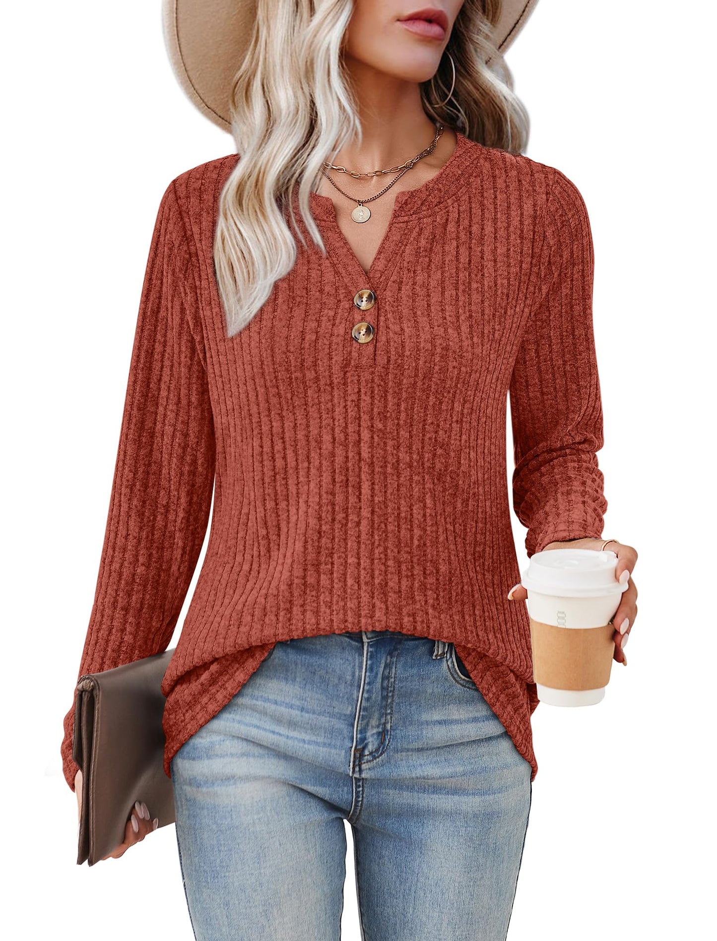 SAMPEEL Womens Sweaters Lightweight Long Sleeve Shirts V Neck Tops with Button Fall Outfits 2025