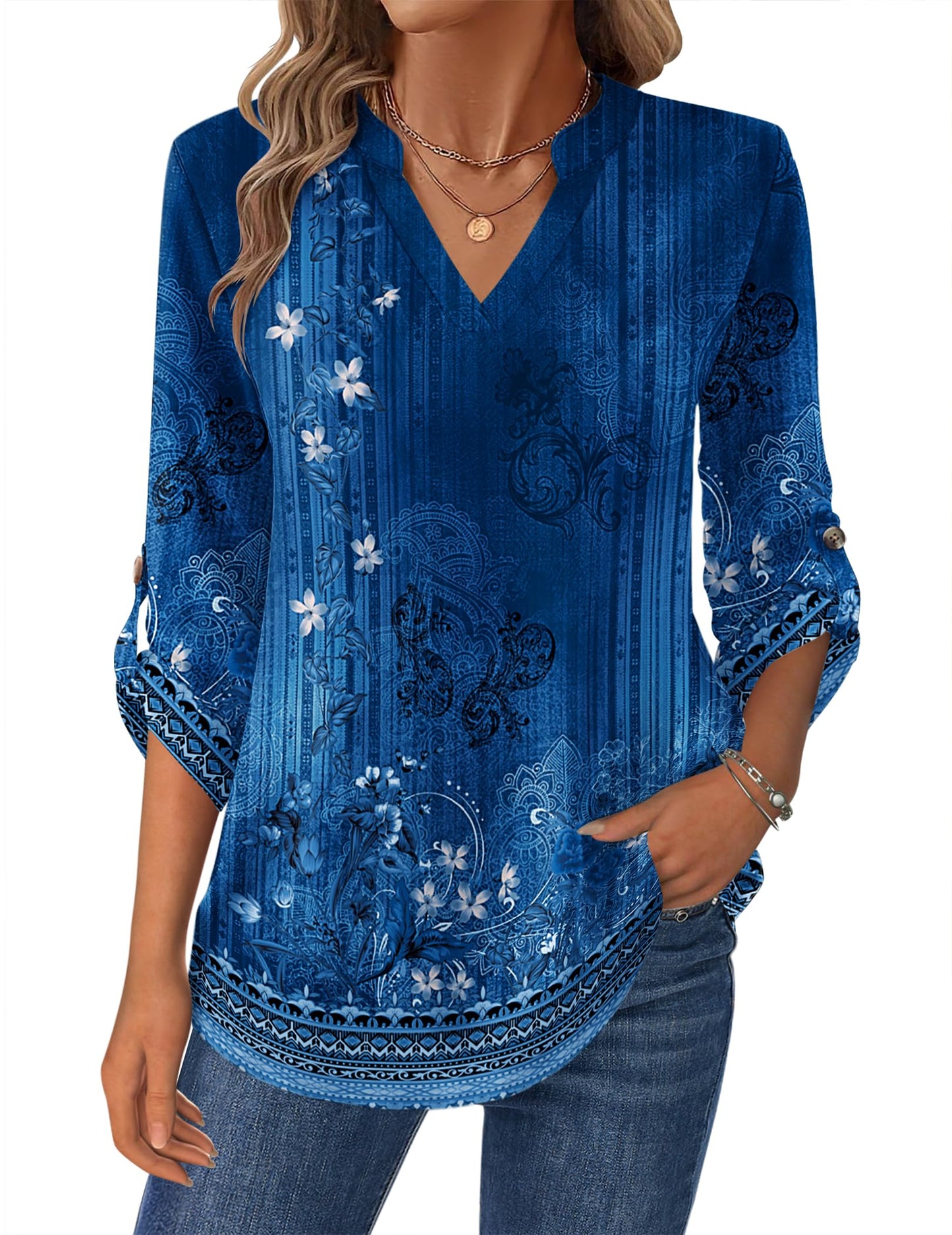 Zeagoo Womens Roll Up Long Sleeve Tops V Neck Shirts Dressy Casual Work Blouses S-2XL