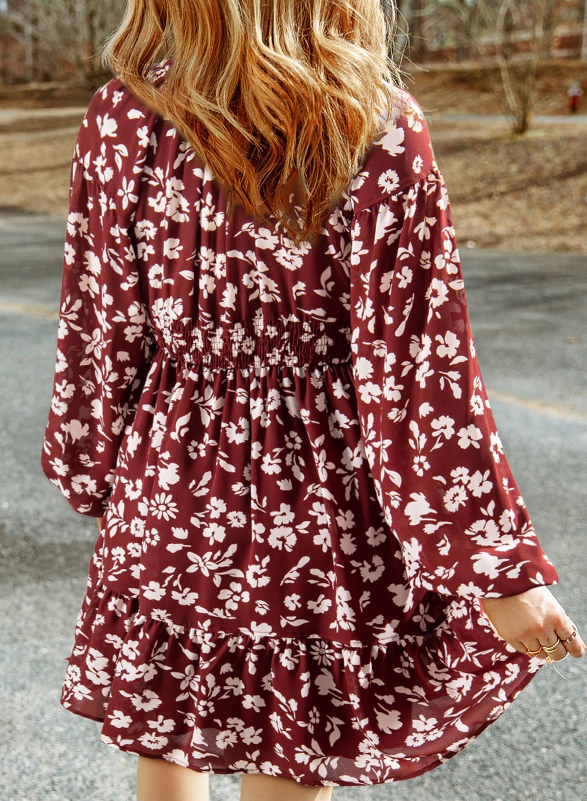 Dokotoo Fall Dresses for Women 2025 Boho Floral V Neck Long Sleeve Smocked Elastic Waist Casual A-Line Mini Dress Sundress