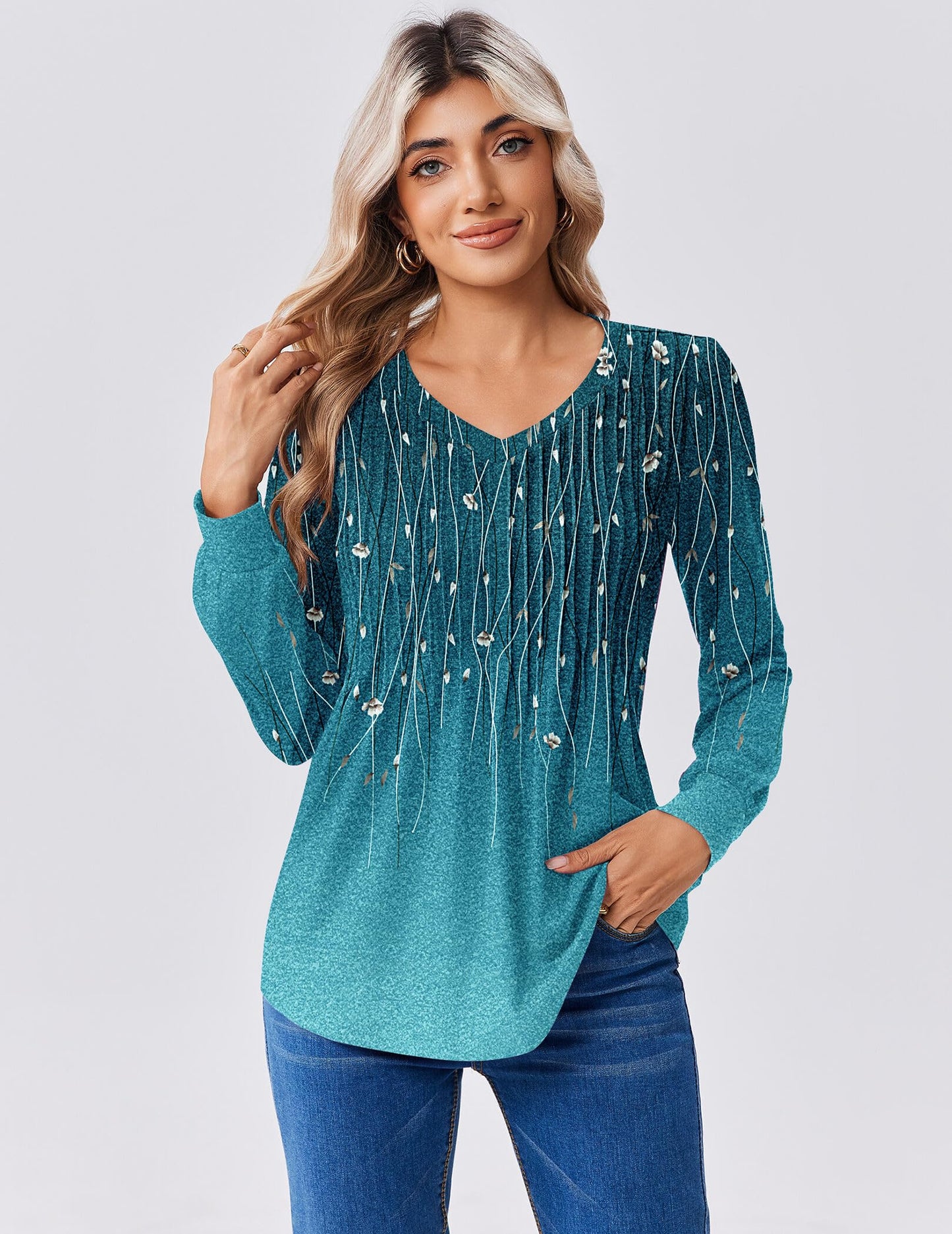 Zeagoo Long Sleeve Shirts for Women Casual V Neck Top Pleated Floral Boho Blouses 2025 Fall Tunics