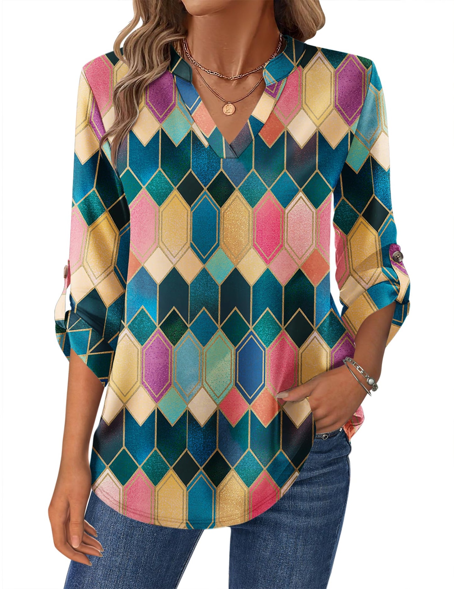 Zeagoo Womens Roll Up Long Sleeve Tops V Neck Shirts Dressy Casual Work Blouses S-2XL