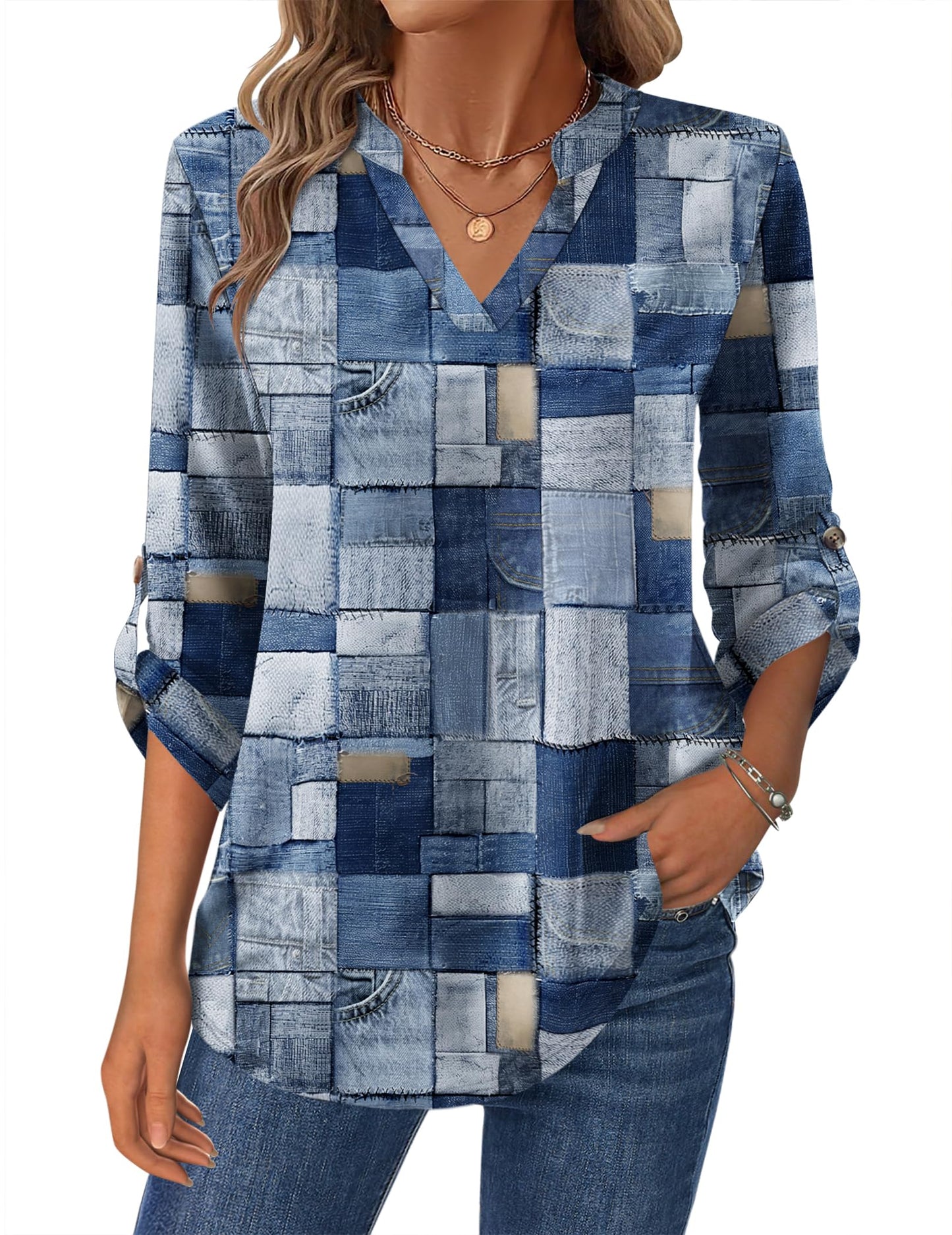 Zeagoo Womens Roll Up Long Sleeve Tops V Neck Shirts Dressy Casual Work Blouses S-2XL