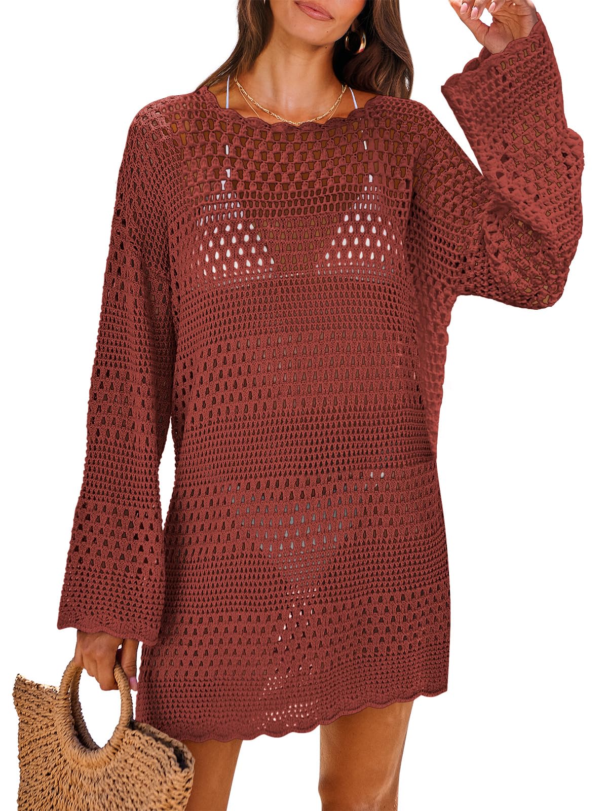 ANRABESS Women Swimsuit Crochet Swim Cover Up 2025 Summer Bathing Suit Swimwear Mesh Knit Beach Dress Vacation Outfits