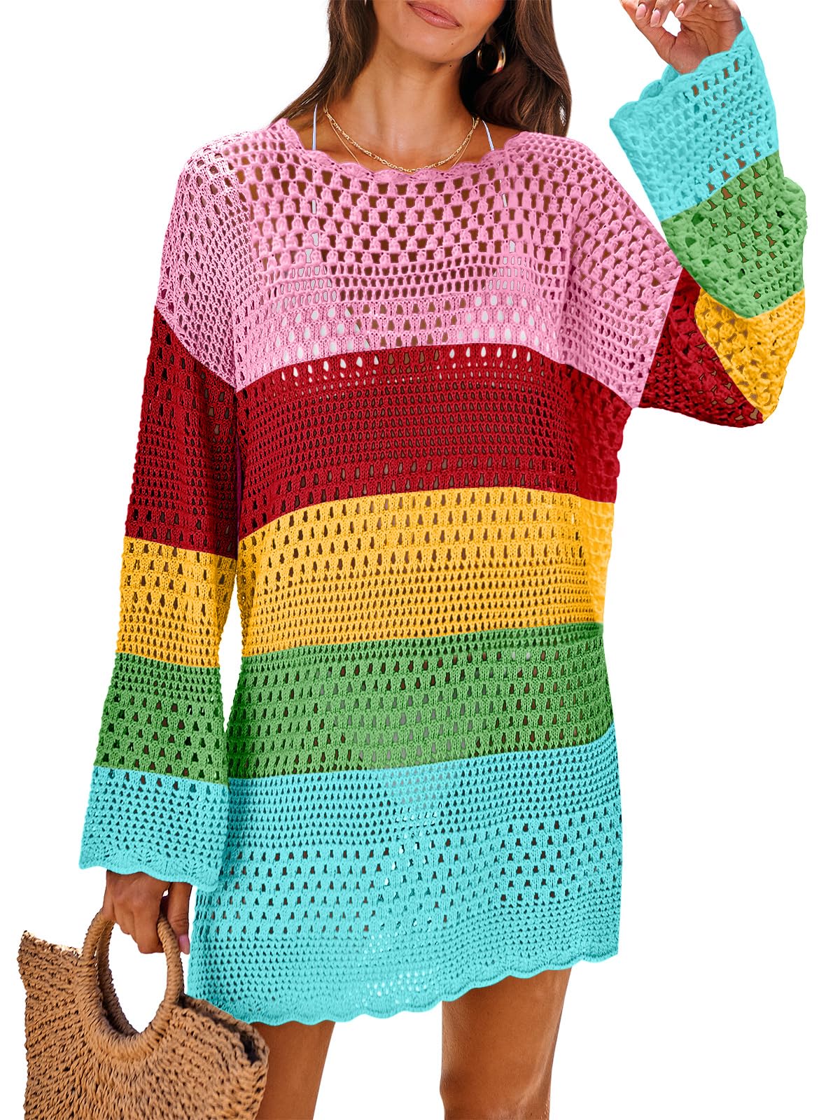 ANRABESS Women Swimsuit Crochet Swim Cover Up 2025 Summer Bathing Suit Swimwear Mesh Knit Beach Dress Vacation Outfits
