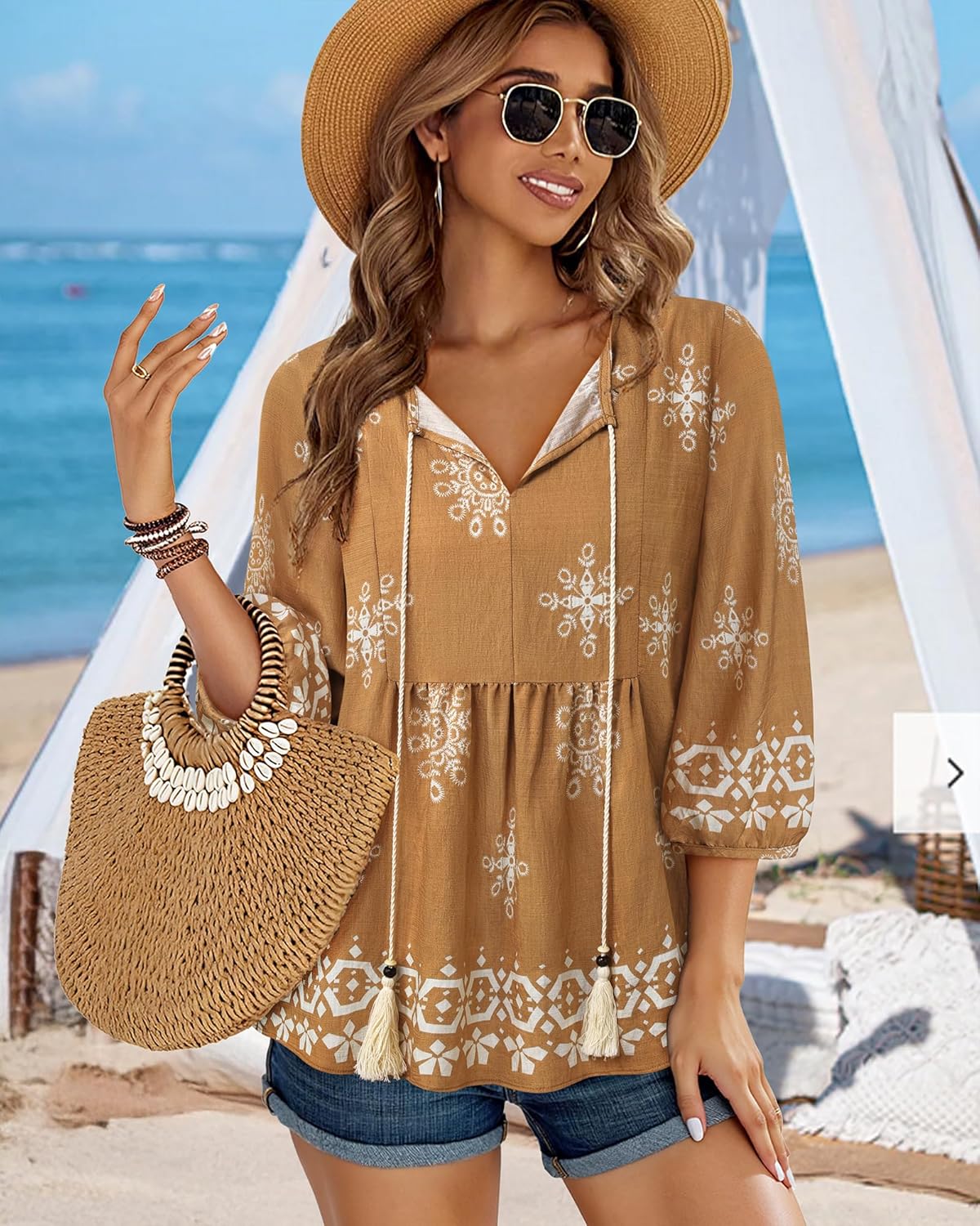 Vivilli Womens Summer Boho Babydoll Tops 3/4 Sleeve Pleated Peplum Peasant Blouses Casual V Neck Tie Front Fall Outfits
