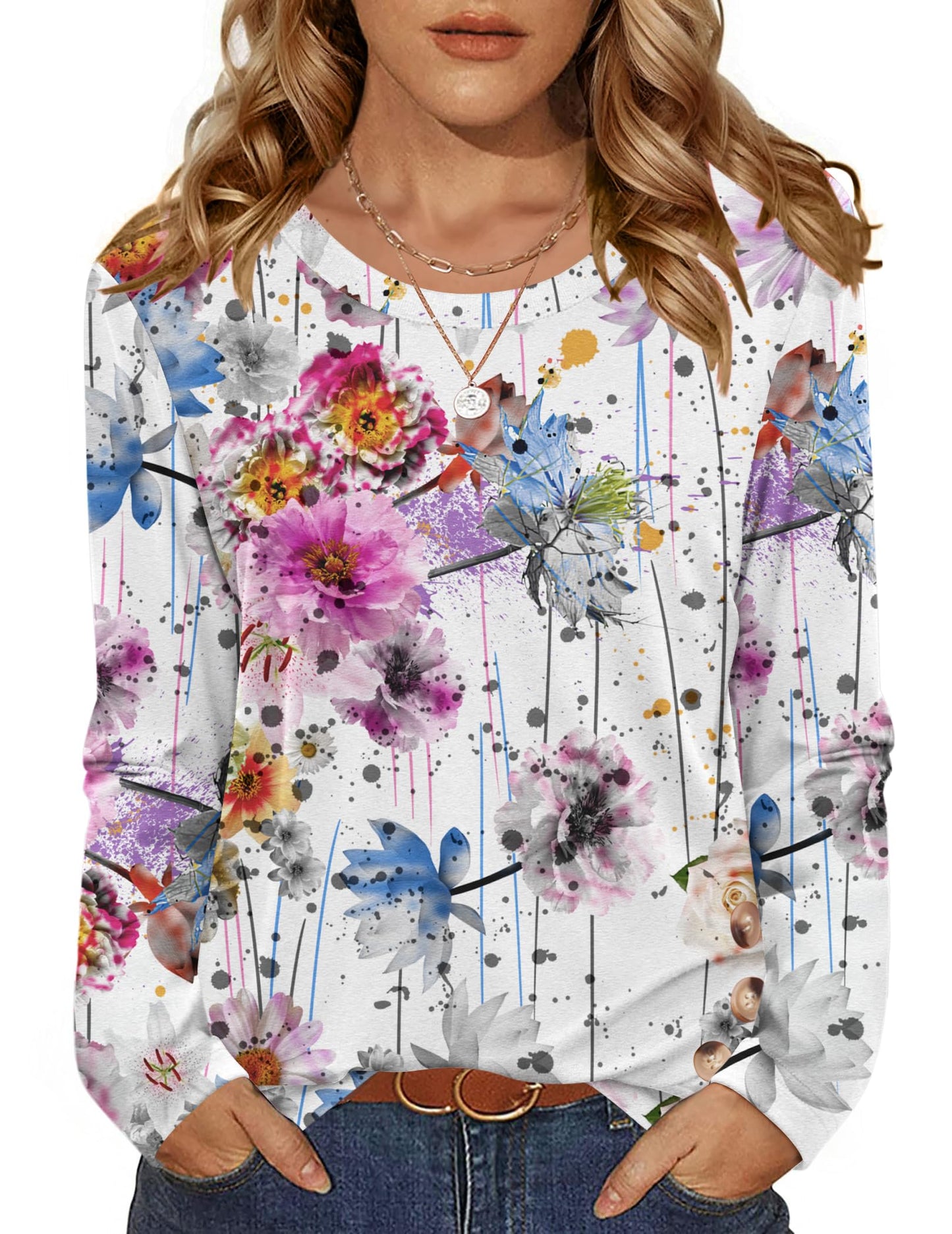 Zeagoo Womens Tops 2025 Long Sleeve Shirts for Fall Round Neck Blouses Floral Tunic Tops with Buttons Decor