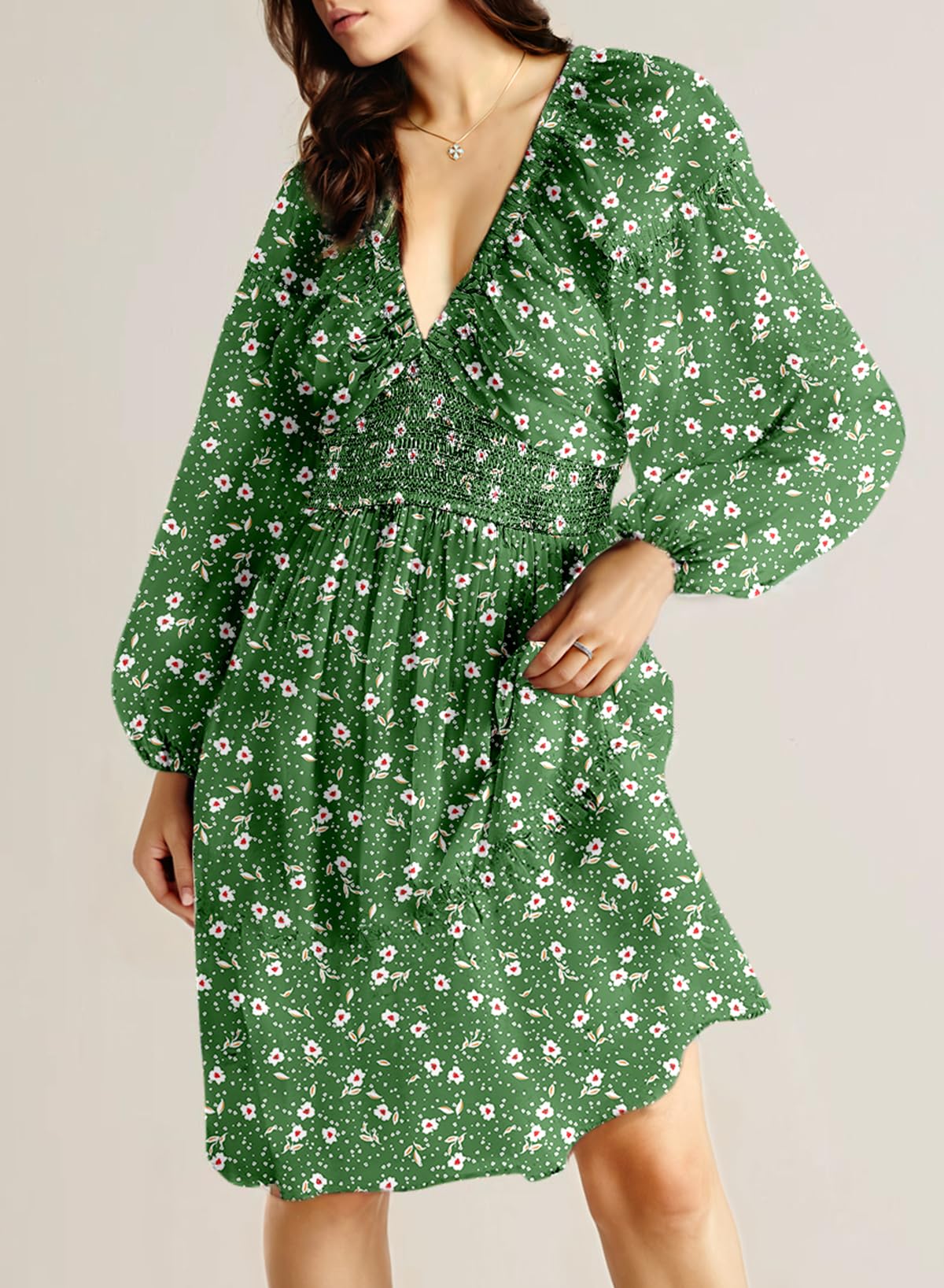 Dokotoo Fall Dresses for Women 2025 Boho Floral V Neck Long Sleeve Smocked Elastic Waist Casual A-Line Mini Dress Sundress