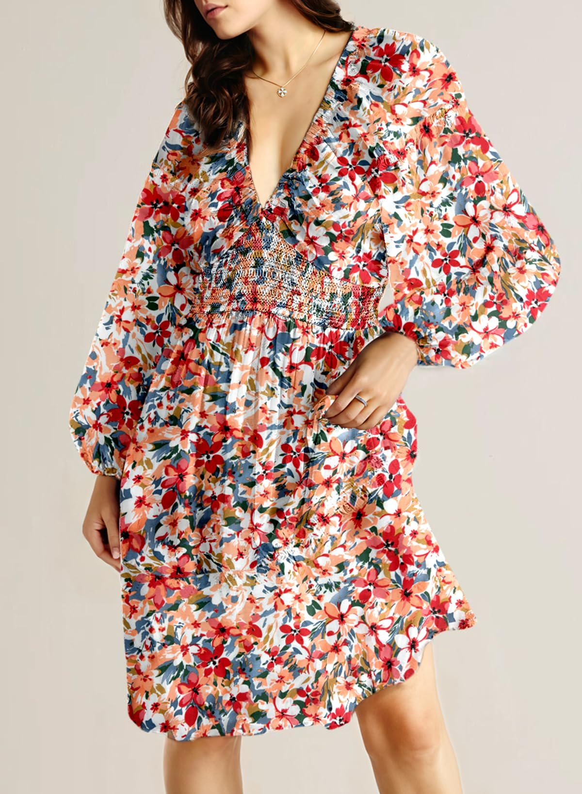 Dokotoo Fall Dresses for Women 2025 Boho Floral V Neck Long Sleeve Smocked Elastic Waist Casual A-Line Mini Dress Sundress