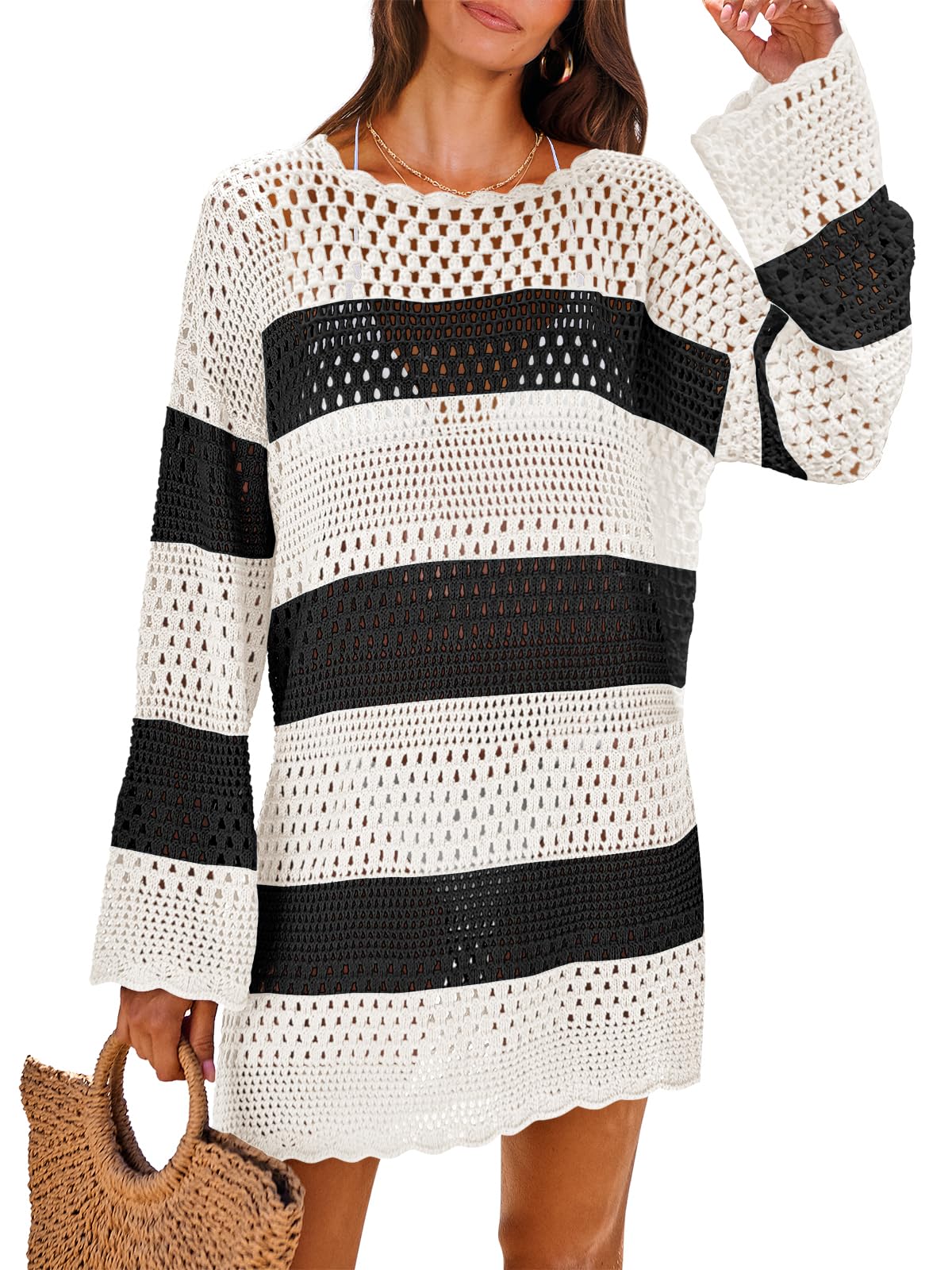 ANRABESS Women Swimsuit Crochet Swim Cover Up 2025 Summer Bathing Suit Swimwear Mesh Knit Beach Dress Vacation Outfits
