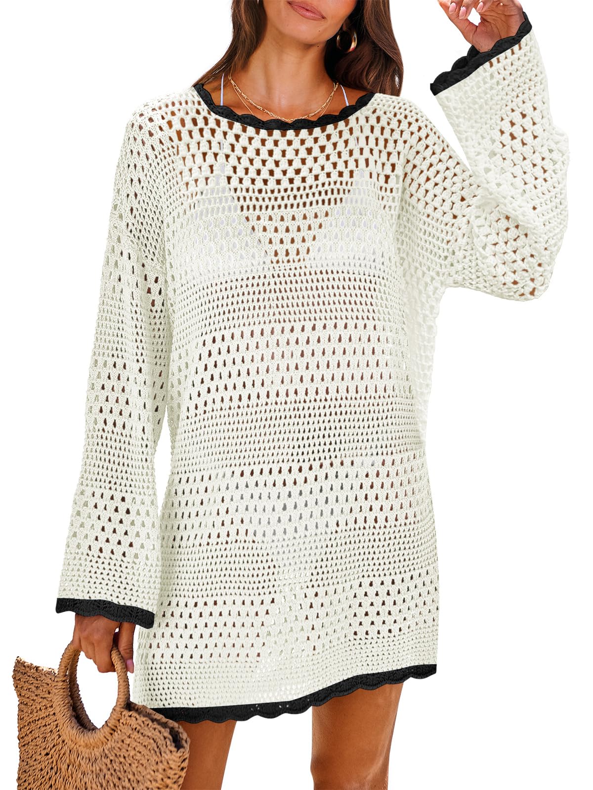 ANRABESS Women Swimsuit Crochet Swim Cover Up 2025 Summer Bathing Suit Swimwear Mesh Knit Beach Dress Vacation Outfits